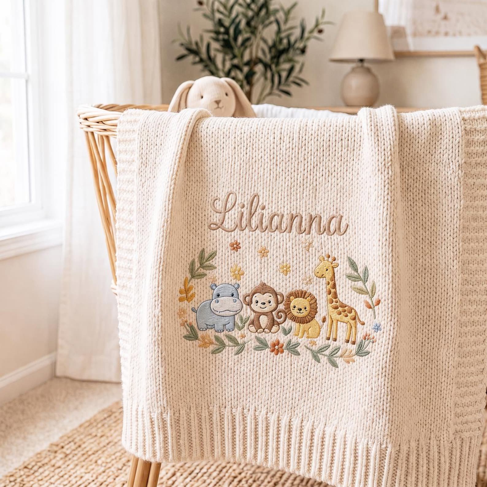 Custom Embroidered Jungle Theme Baby Blanket, Animal Name Knit Blanket, Custom Name Baby Shower Gift, Nursery Keepsake Gift 1
