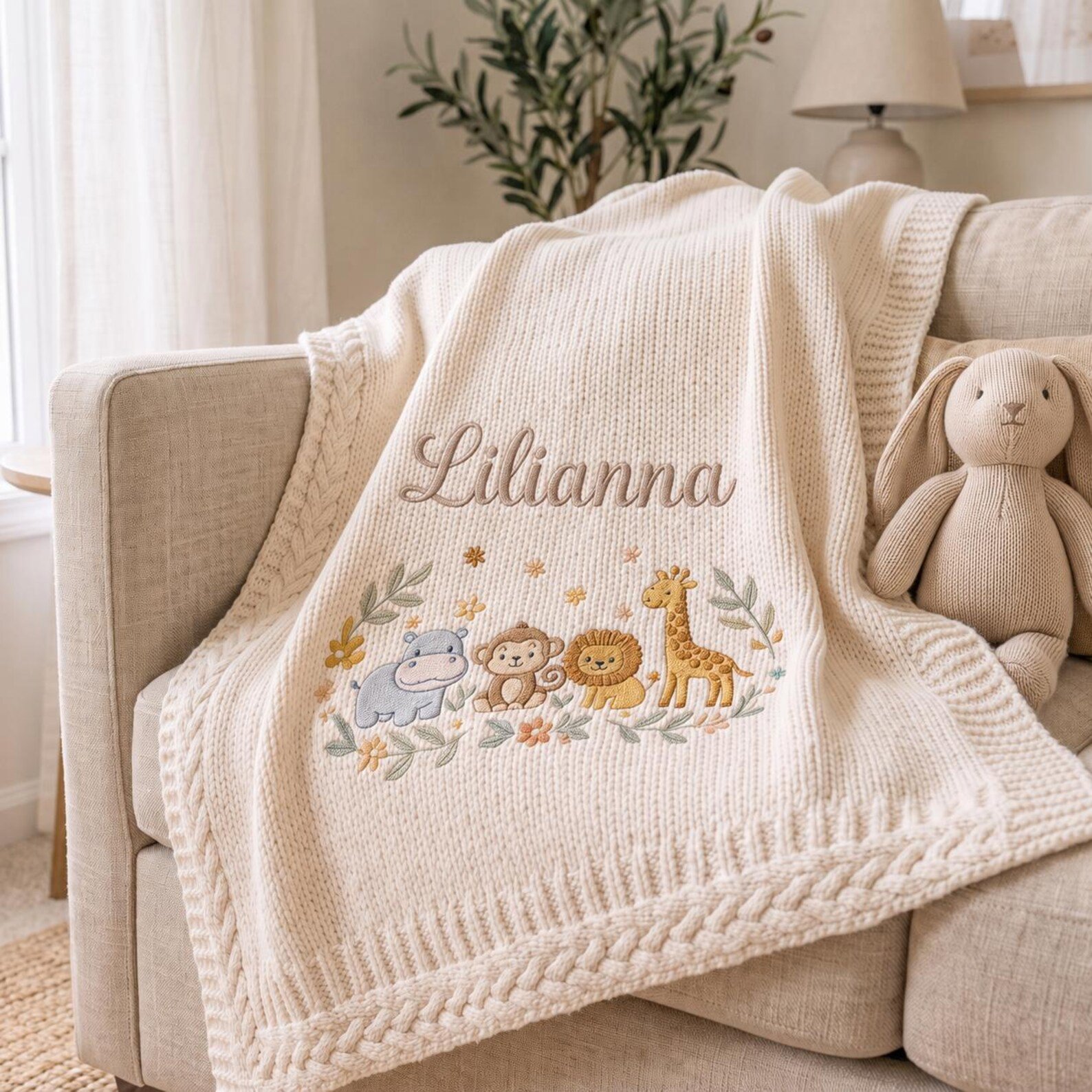 Custom Embroidered Jungle Theme Baby Blanket, Animal Name Knit Blanket, Custom Name Baby Shower Gift, Nursery Keepsake Gift 2