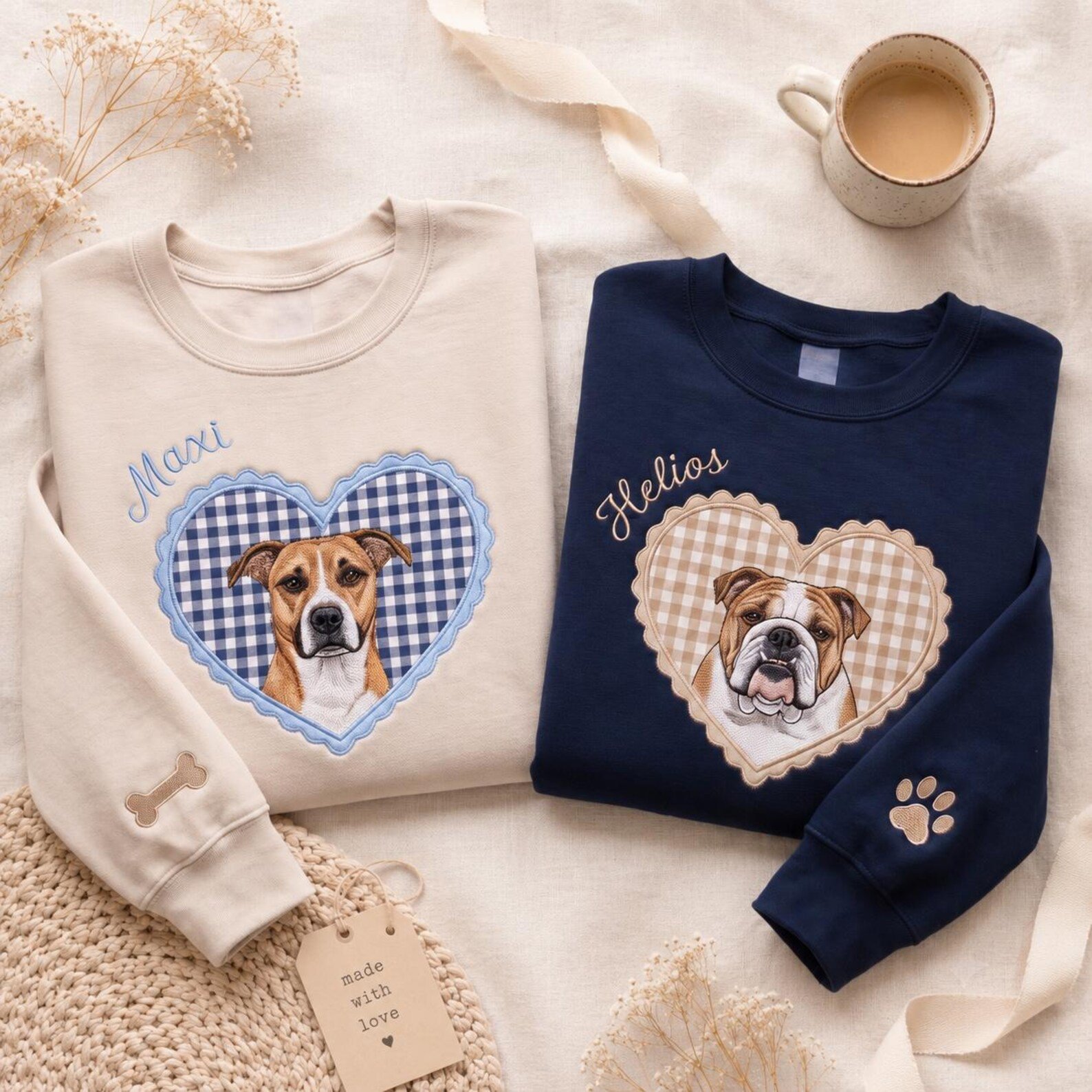 Custom Embroidery Pet Portrait Sweatshirt, Custom Dog Embroidery Shirt, Gingham Heart Patch Shirt, Dog Mom Gift, Pet Memorial Keepsake 1