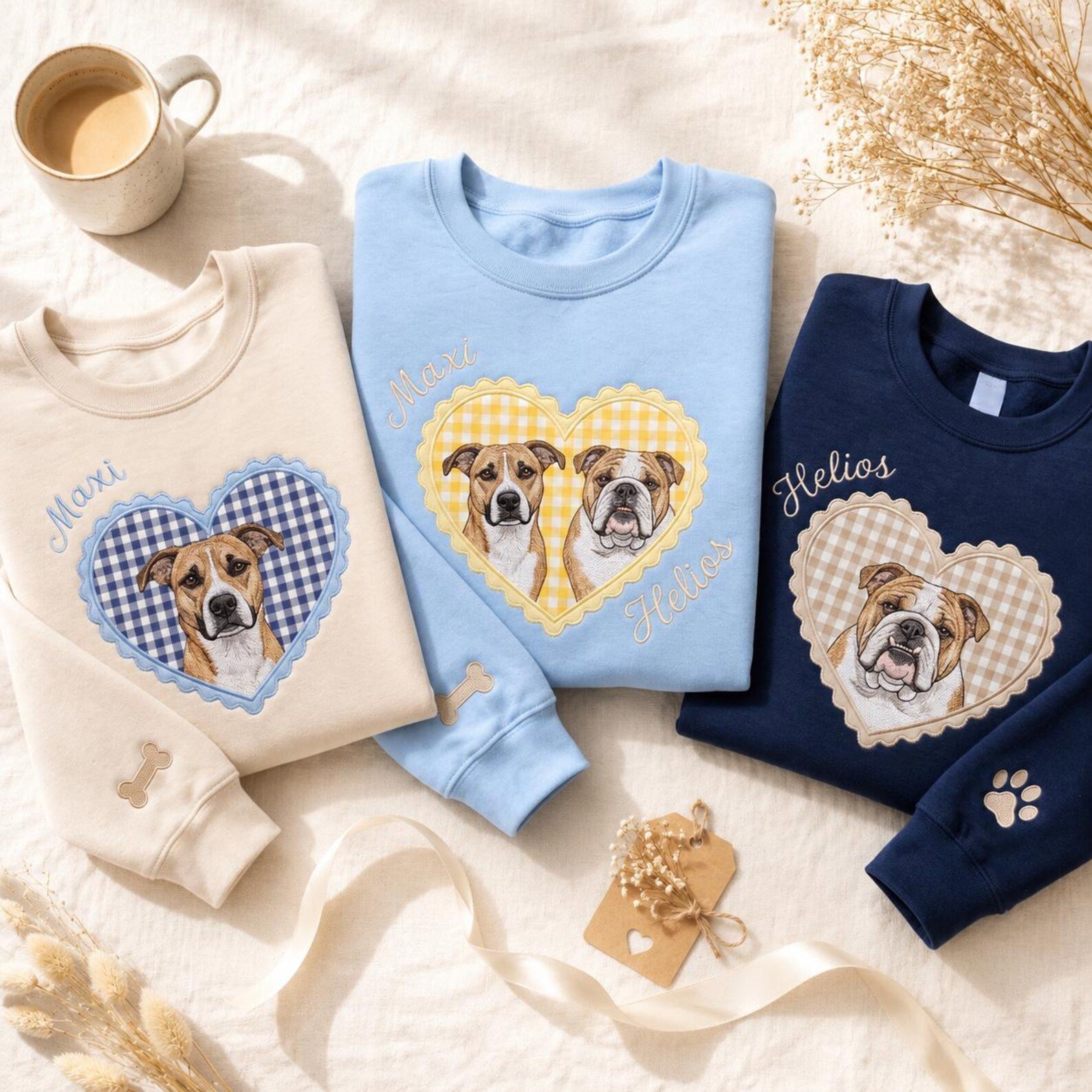 Custom Embroidery Pet Portrait Sweatshirt, Custom Dog Embroidery Shirt, Gingham Heart Patch Shirt, Dog Mom Gift, Pet Memorial Keepsake 3