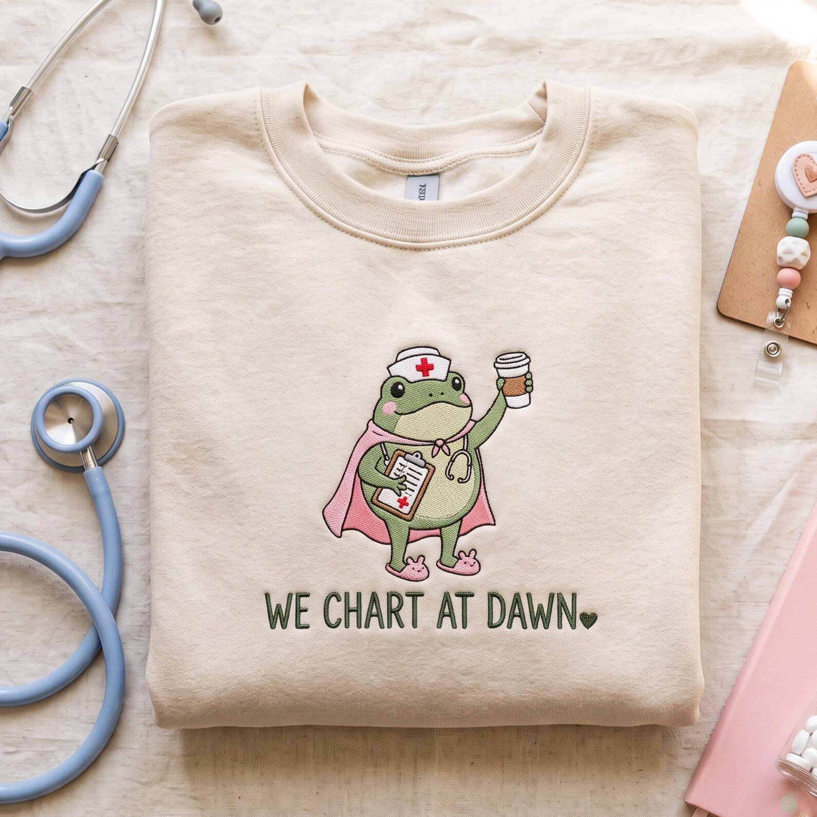 We Chart At Dawn Nurse Embroidered Sweatshirt, Frog Nurse Shirt, Funny Night Shift NICU Nurse Gift, Healthcare Worker Shirt 2