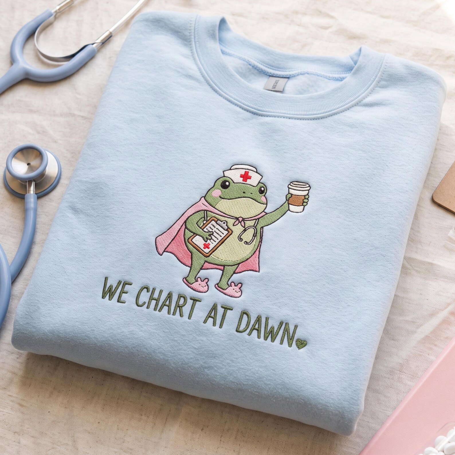 We Chart At Dawn Nurse Embroidered Sweatshirt, Frog Nurse Shirt, Funny Night Shift NICU Nurse Gift, Healthcare Worker Shirt 1