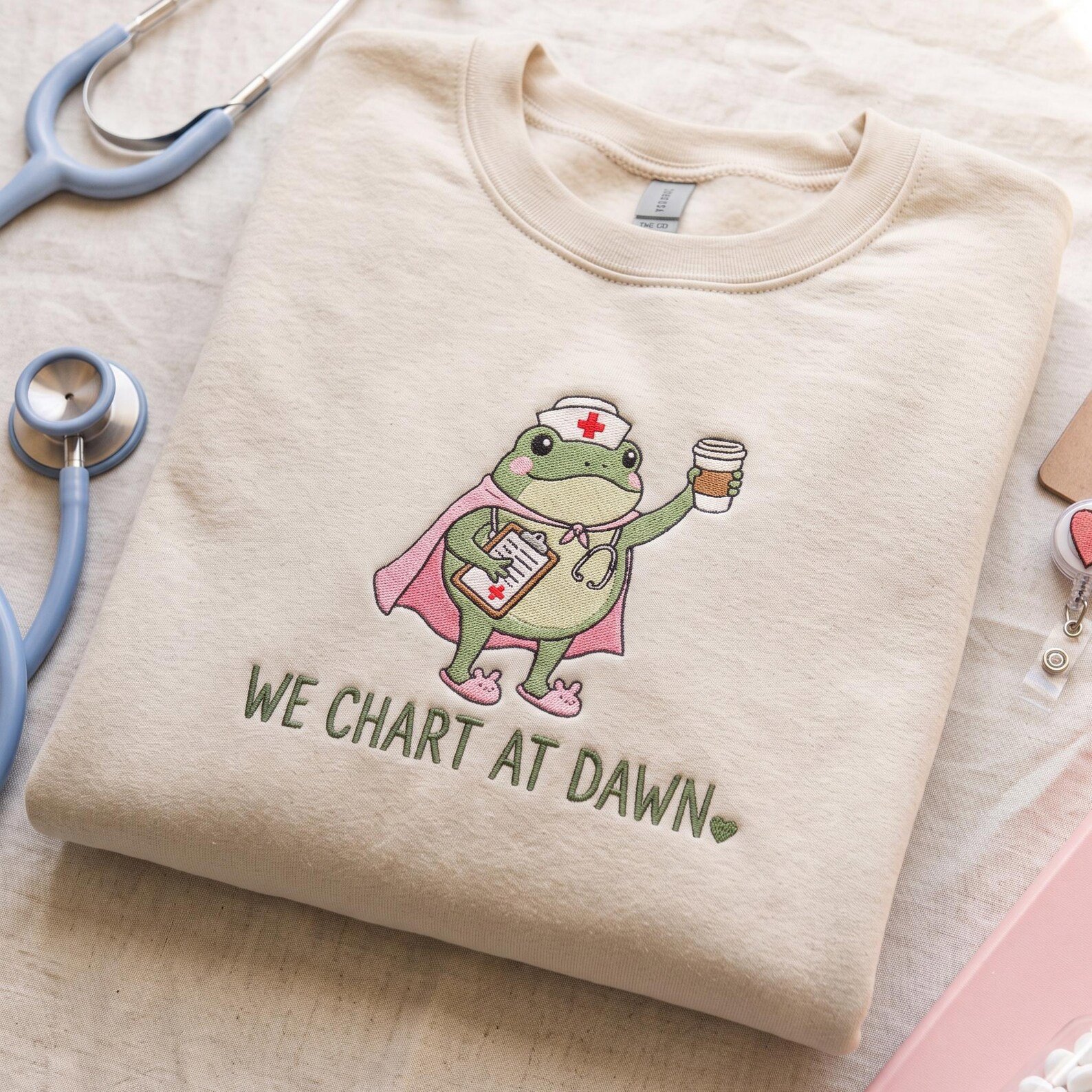 We Chart At Dawn Nurse Embroidered Sweatshirt, Frog Nurse Shirt, Funny Night Shift NICU Nurse Gift, Healthcare Worker Shirt 5