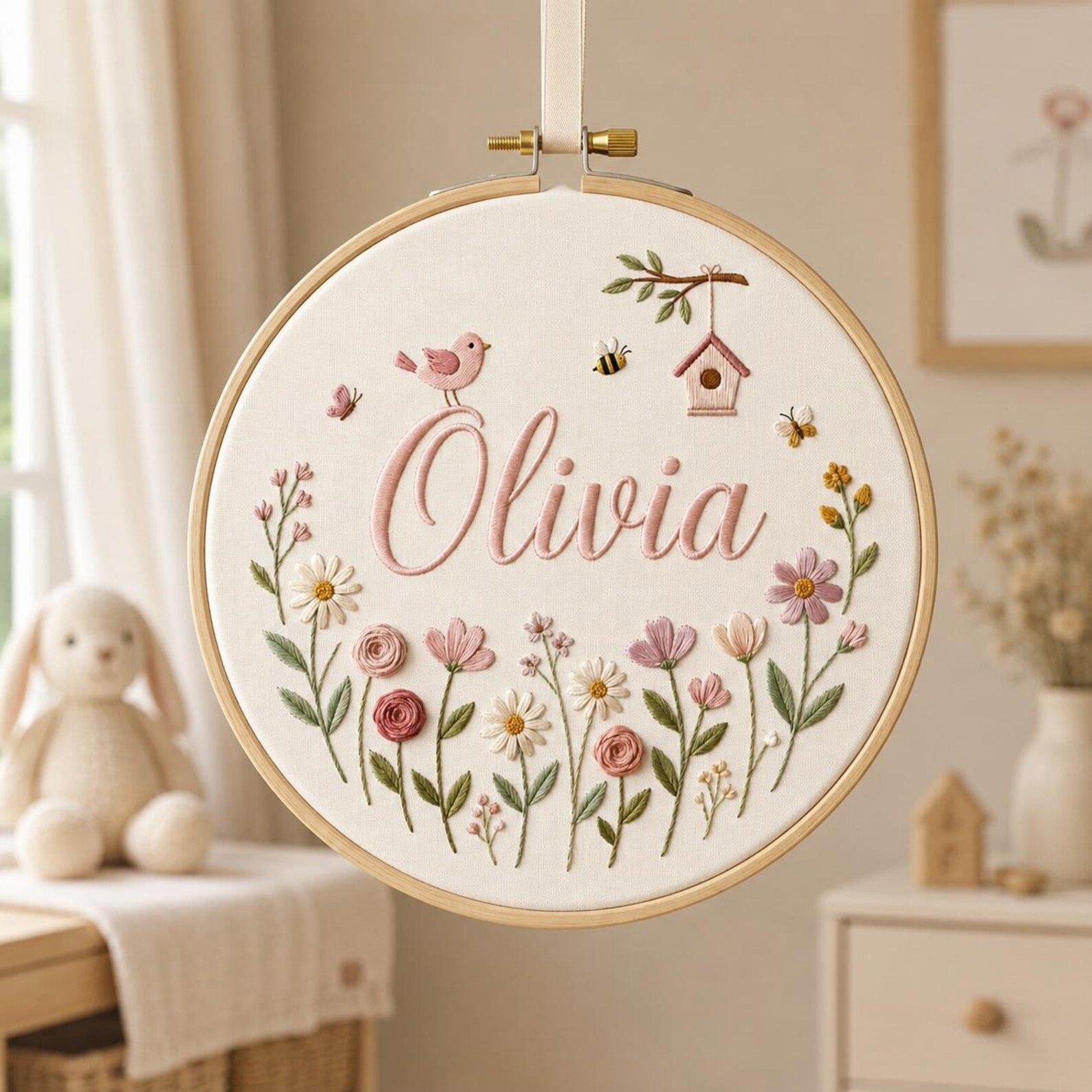 Custom Birth Flower Embroidery Hoop, Custom Name Floral Wall Art, Baby Girl Nursery Decor, Handmade Linen Hoop Gift, Baby Name Hoop 1