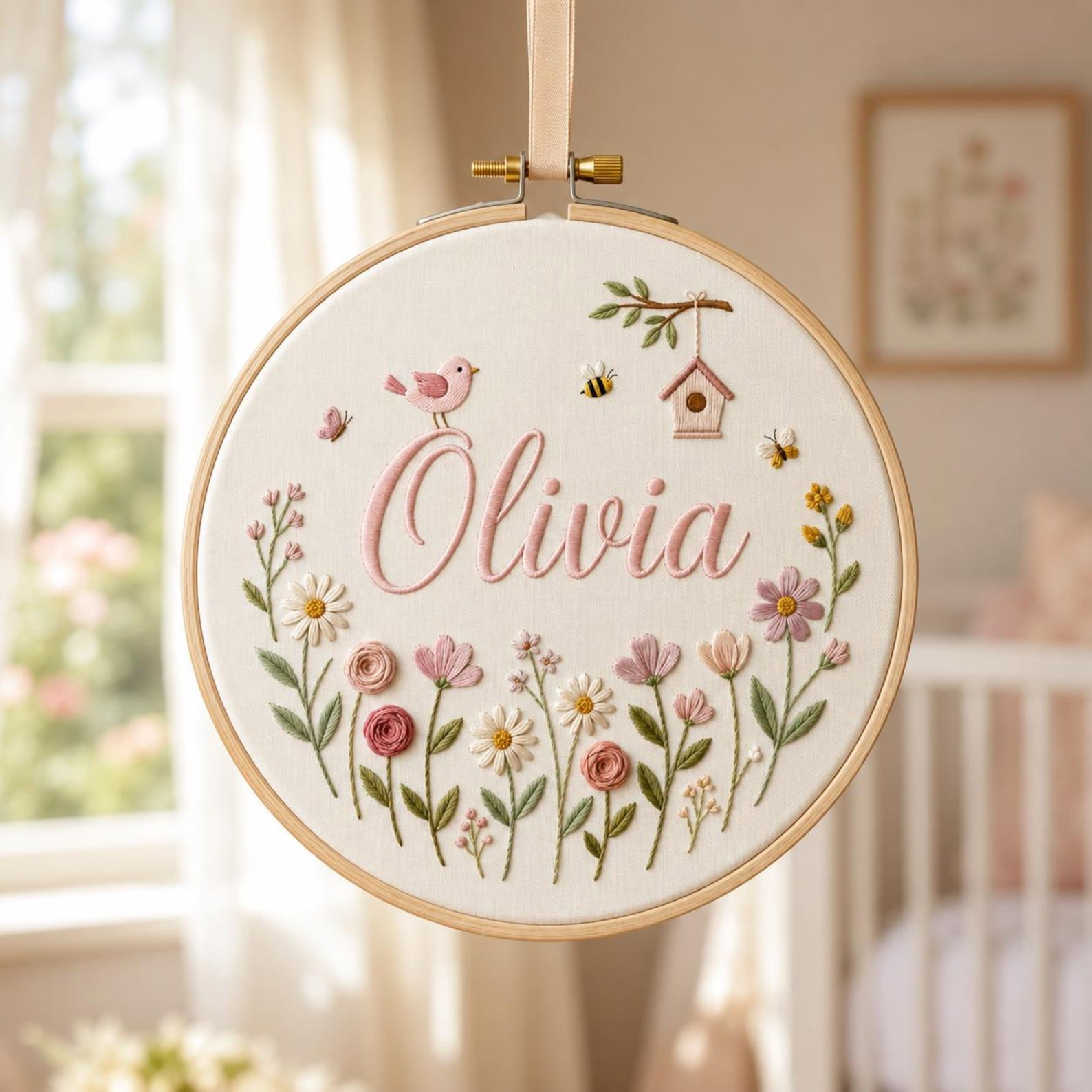 Custom Birth Flower Embroidery Hoop, Custom Name Floral Wall Art, Baby Girl Nursery Decor, Handmade Linen Hoop Gift, Baby Name Hoop 4
