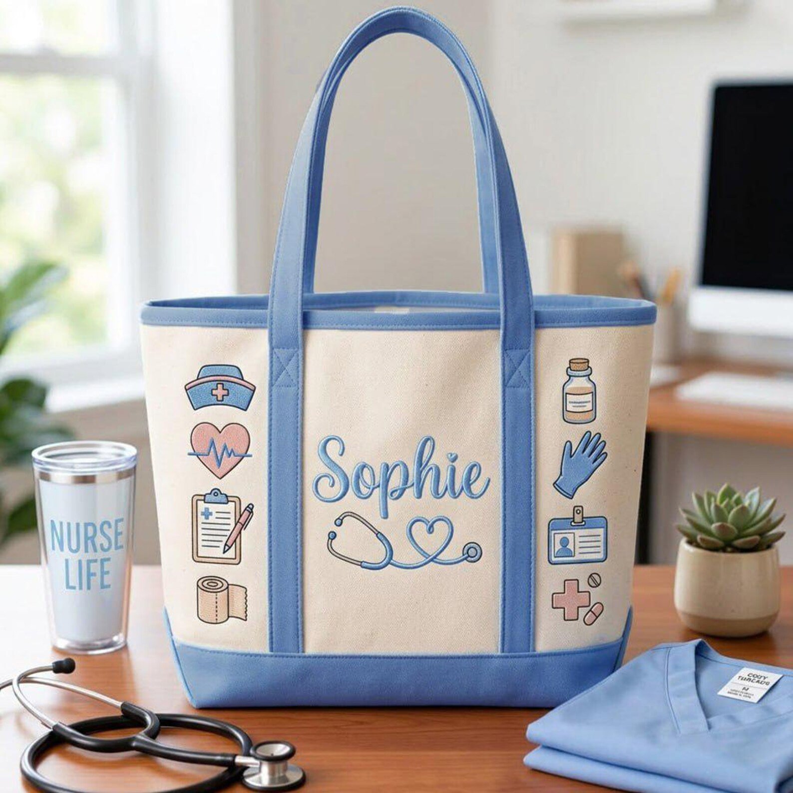 Embroidered Custom Nurse Tote Bag, Custom Name Nursing Bag, RN LPN Gift for Her, Student Graduation Gift, Nurse Canvas Bag 2