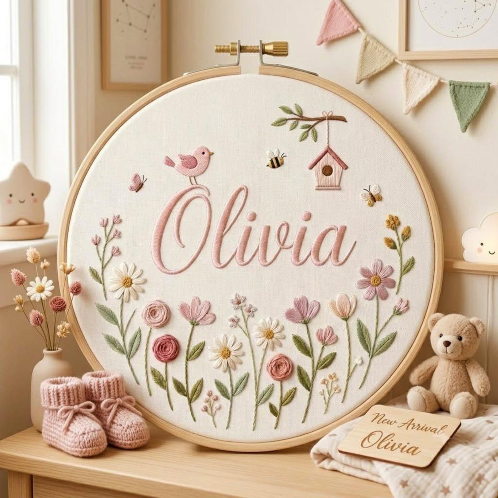 Embroidered Custom Birth Flower Hoop, Handmade Linen Hoop Gift, Custom Name Floral Wall Art, Baby Girl Nursery Decor, Baby Name Hoop 1