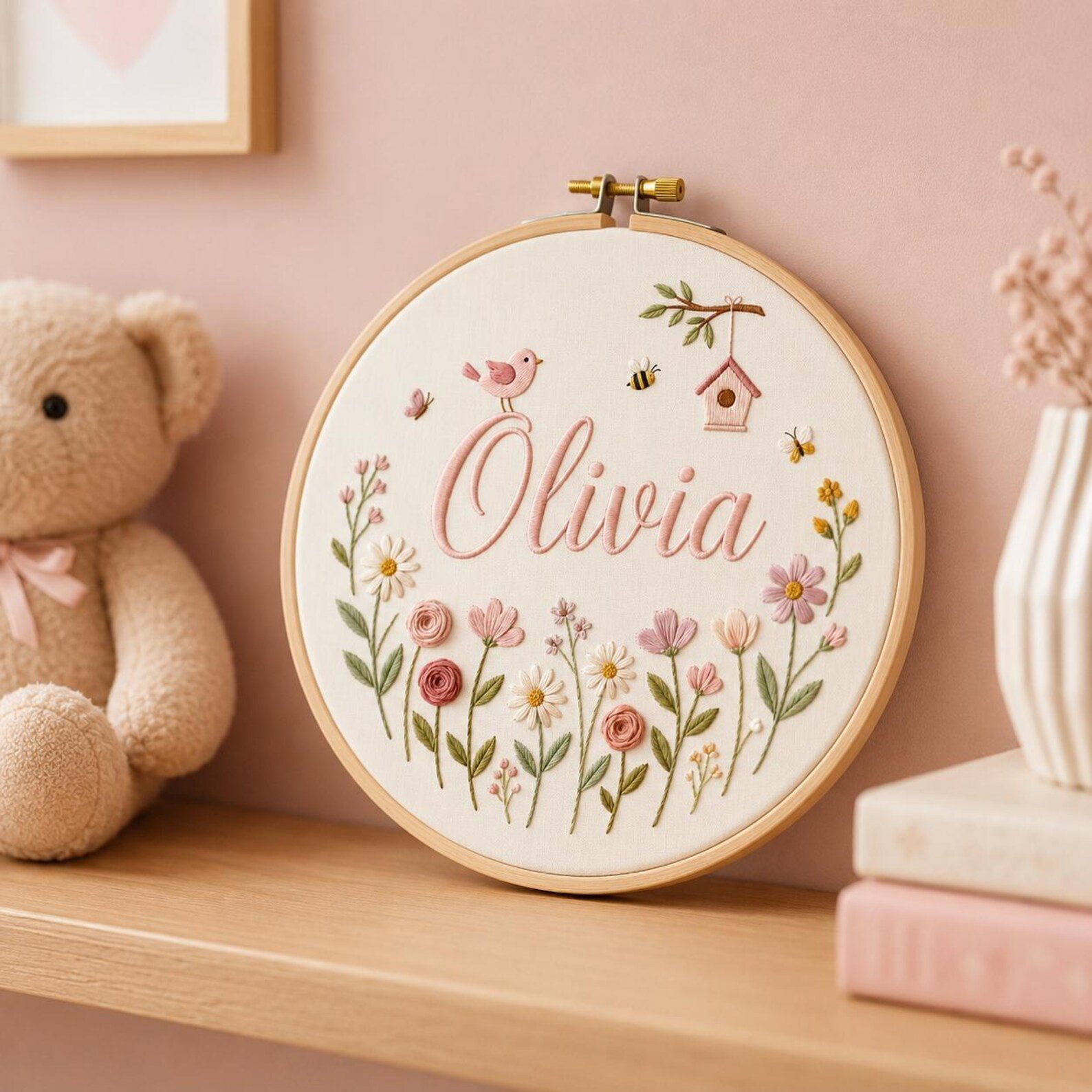 Embroidered Custom Birth Flower Hoop, Handmade Linen Hoop Gift, Custom Name Floral Wall Art, Baby Girl Nursery Decor, Baby Name Hoop 3