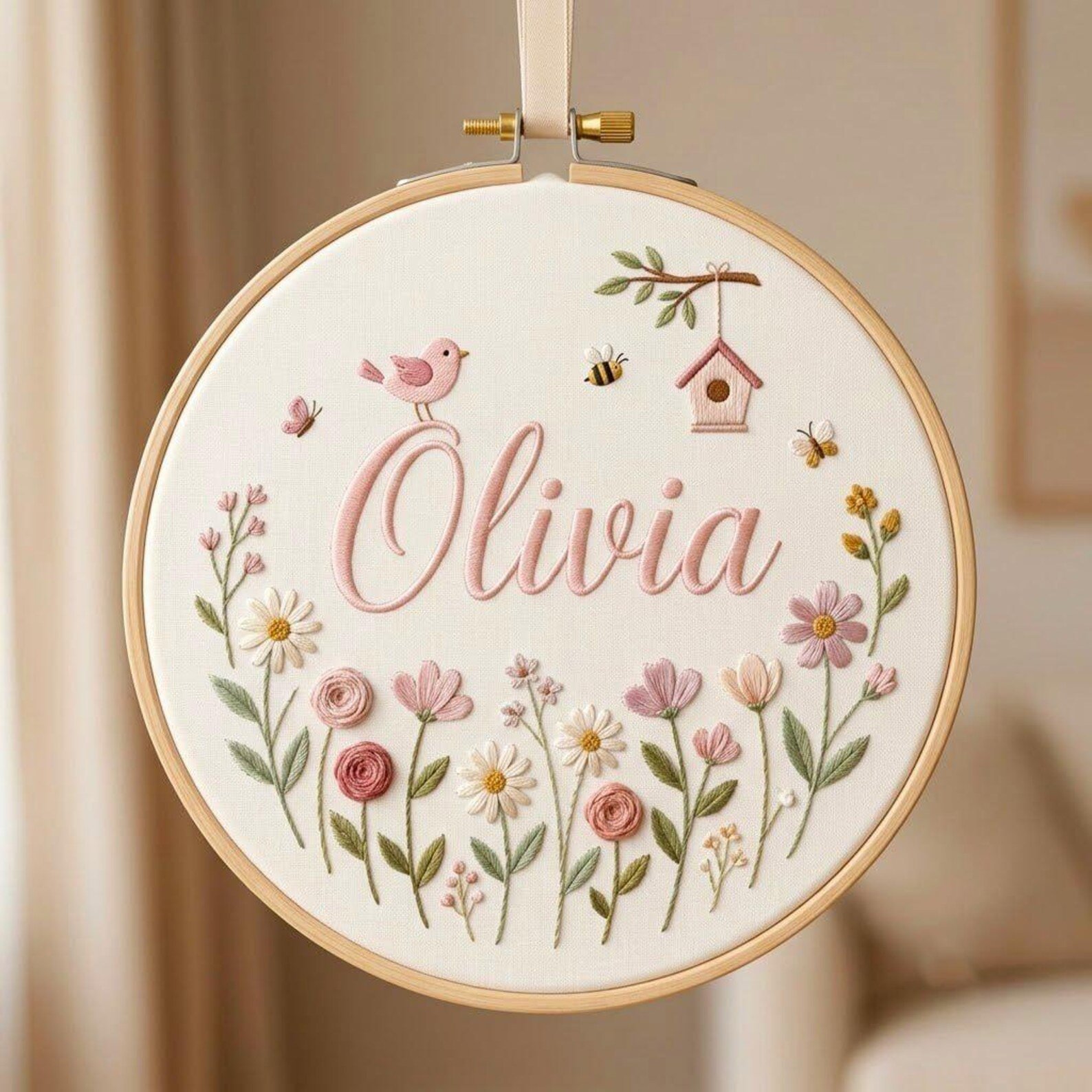 Embroidered Custom Birth Flower Hoop, Handmade Linen Hoop Gift, Custom Name Floral Wall Art, Baby Girl Nursery Decor, Baby Name Hoop 2