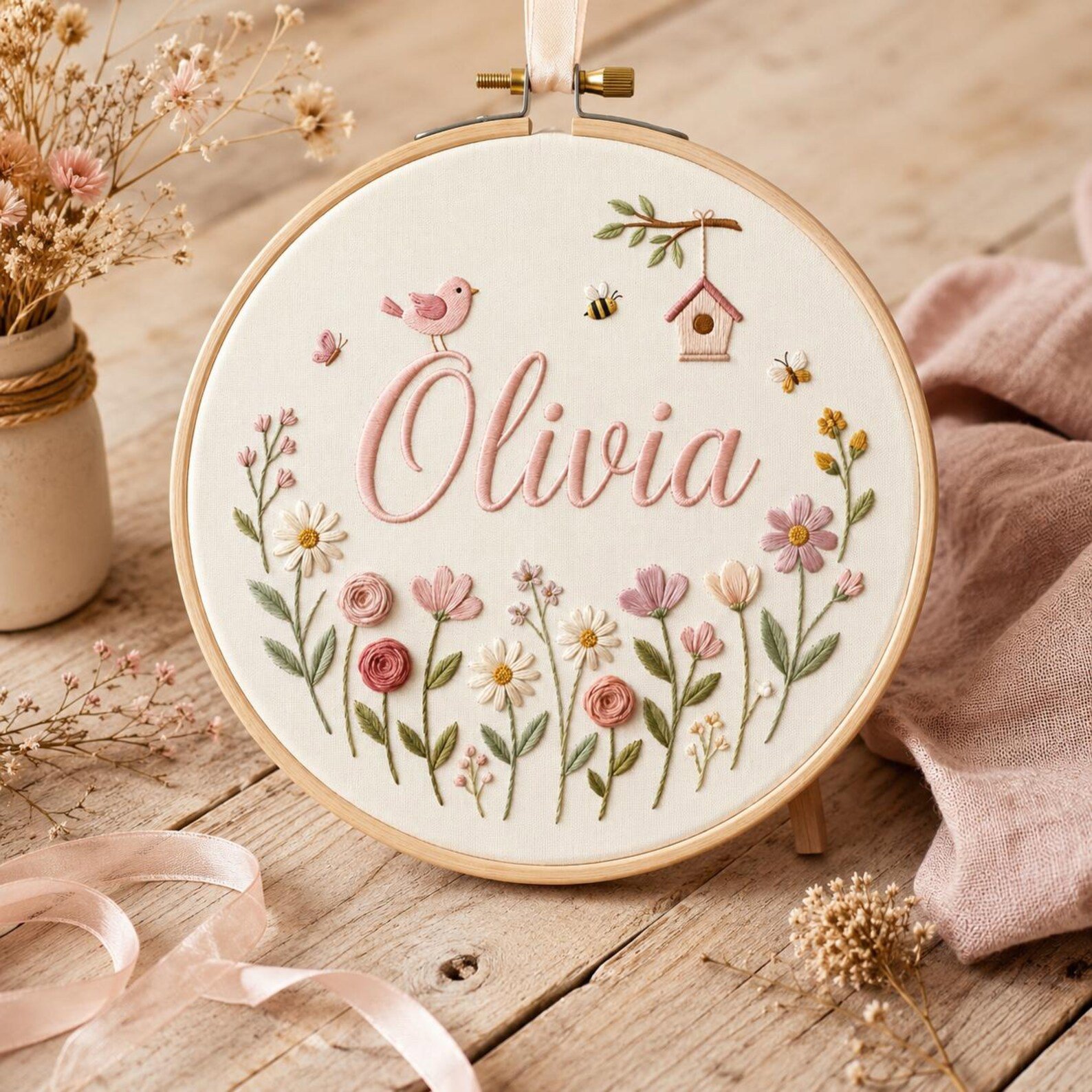Embroidered Custom Birth Flower Hoop, Handmade Linen Hoop Gift, Custom Name Floral Wall Art, Baby Girl Nursery Decor, Baby Name Hoop 4