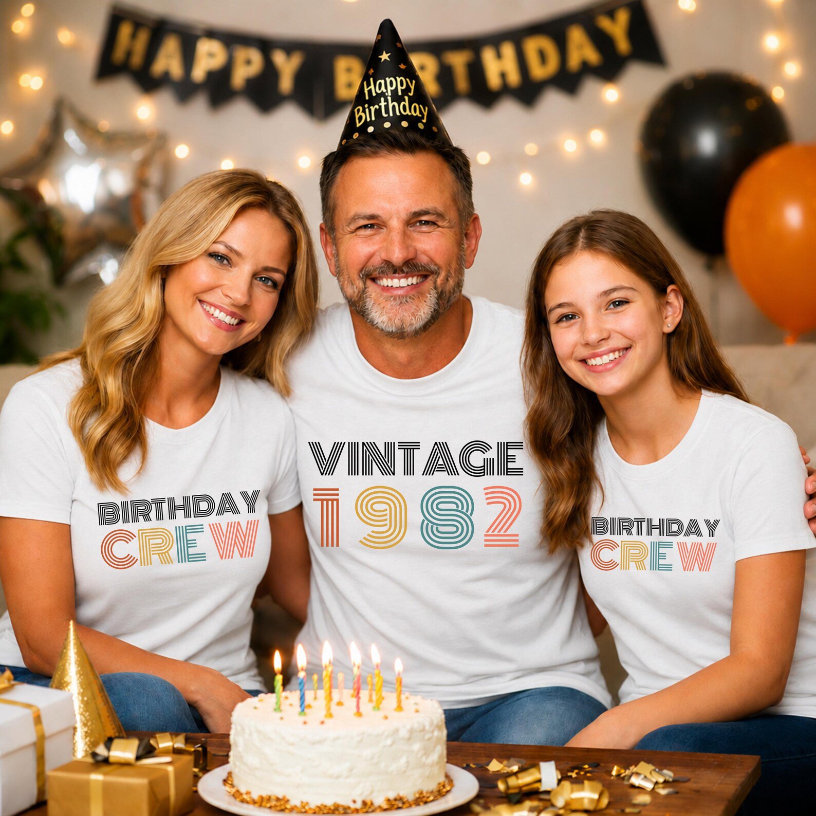 A family in matching birthday-crew shirts