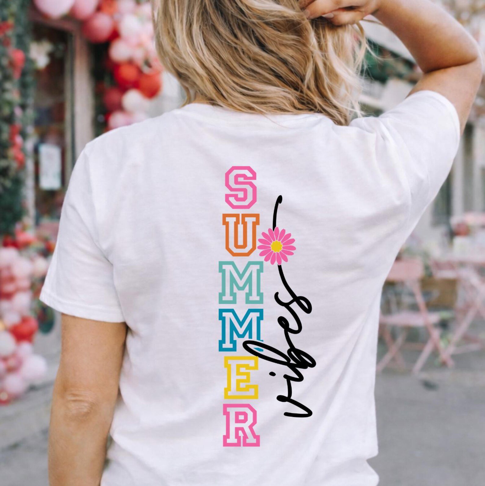 Retro Back Print Summer Vibes Graphic T-Shirt | Colorful Varsity Aesthetic Daisy Tee | Girls Trip Beach Vacation Outfit 1
