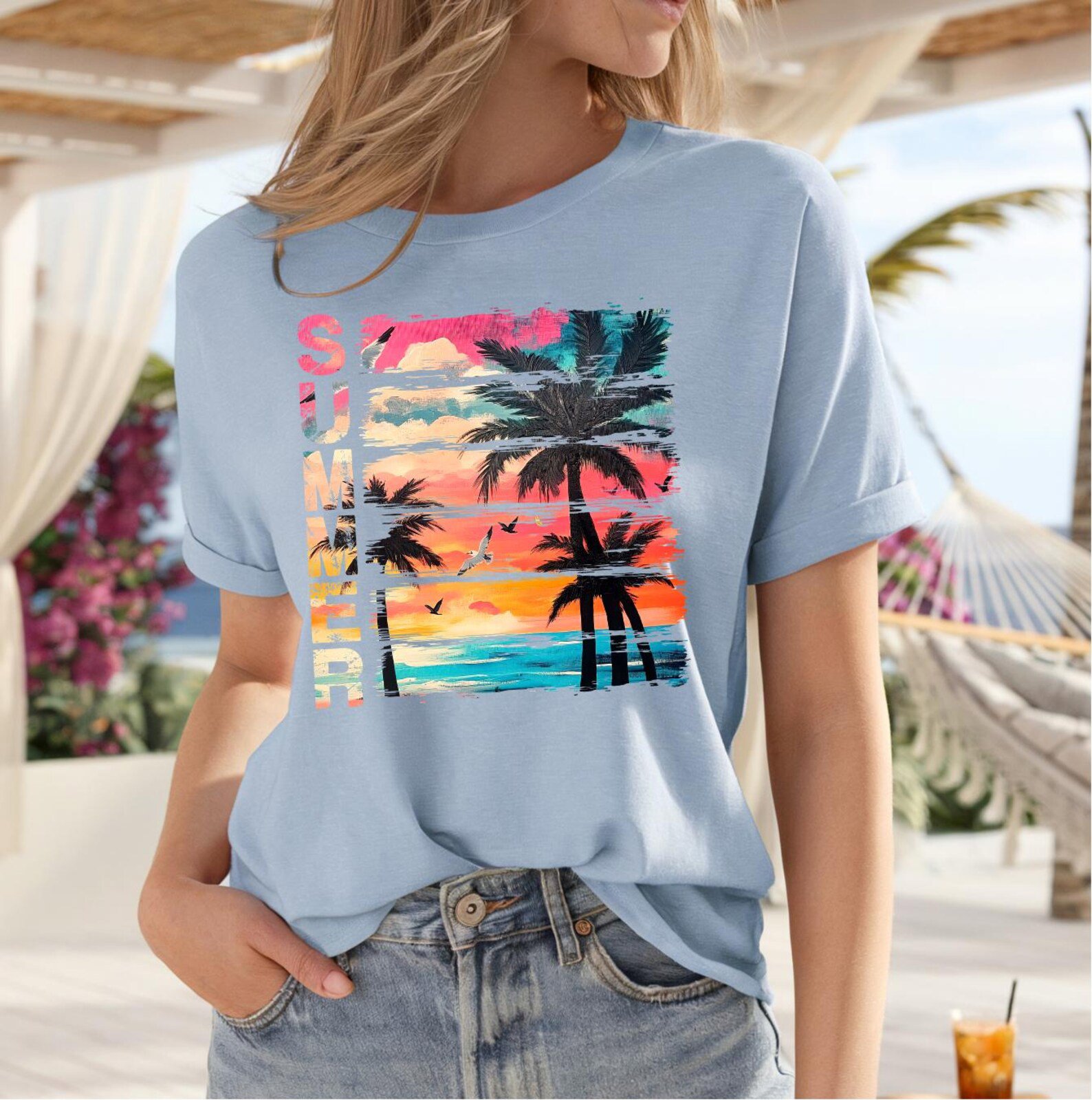 Summer Shirt, Beach Vacation Shirt, Palm Tree Sunset Tee, Family Vacation Shirts, Tropical Summer Graphic Tee 1