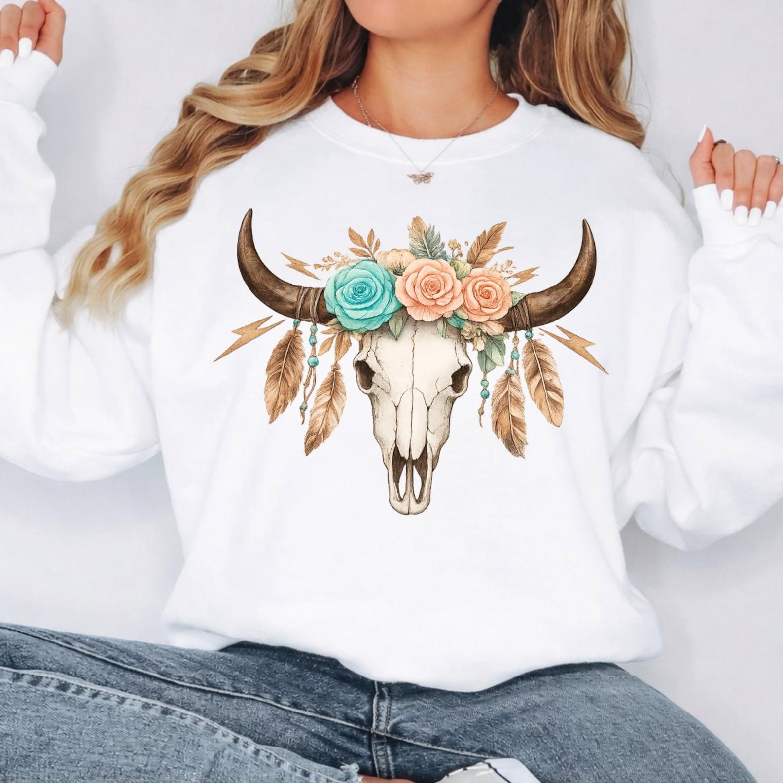 Longhorn Skull Sweatshirt, Western Boho Crewneck, Floral Cowgirl Pullover, Rodeo Sweatshirt, Country Concert Outfit, Texas Western Gift 1