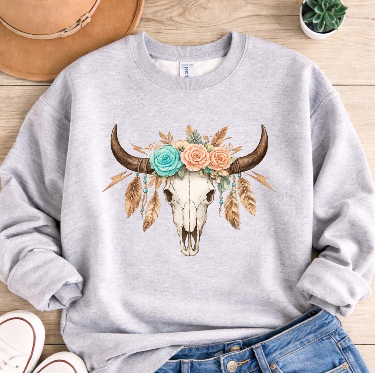 Longhorn Skull Sweatshirt, Western Boho Crewneck, Floral Cowgirl Pullover, Rodeo Sweatshirt, Country Concert Outfit, Texas Western Gift 4
