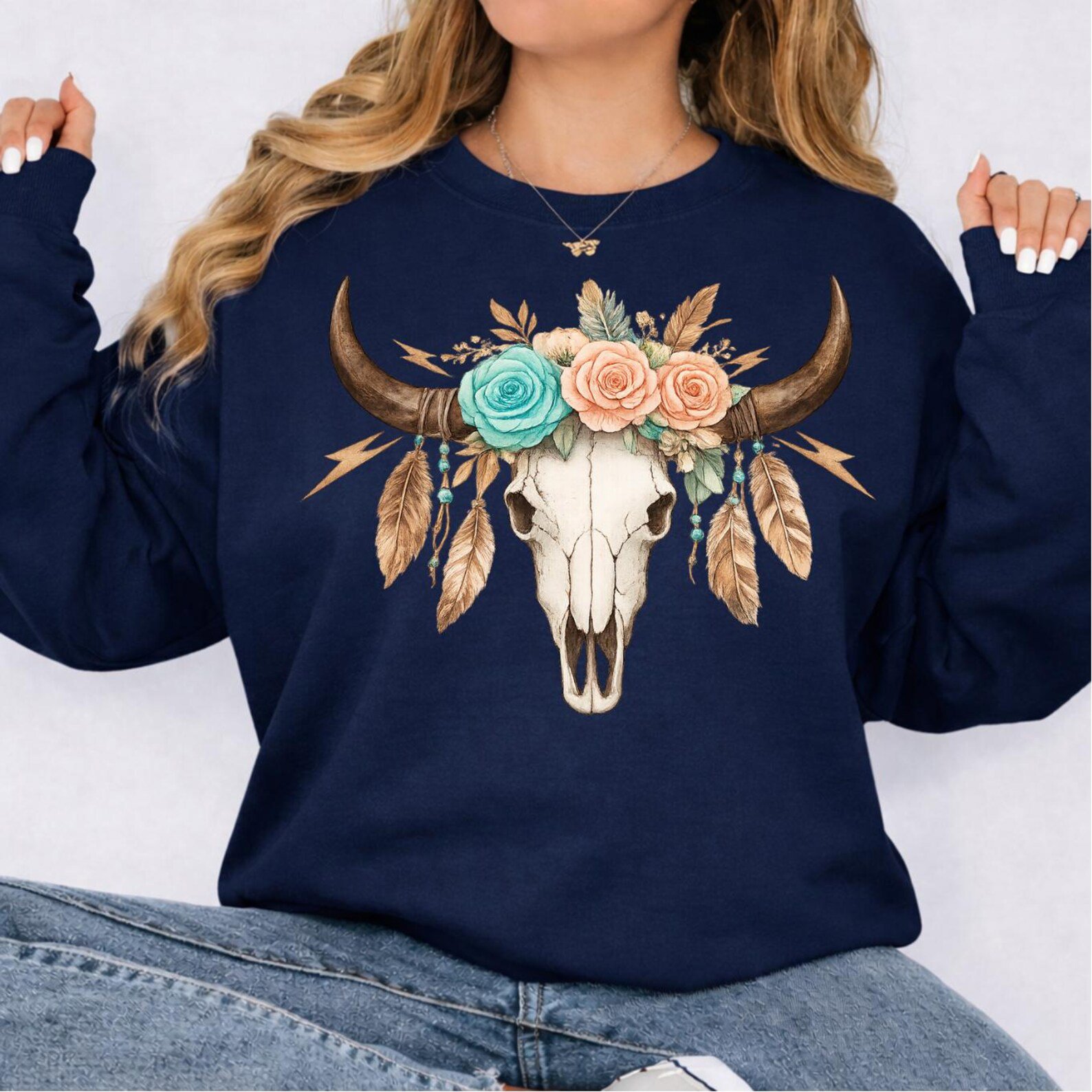 Longhorn Skull Sweatshirt, Western Boho Crewneck, Floral Cowgirl Pullover, Rodeo Sweatshirt, Country Concert Outfit, Texas Western Gift 5