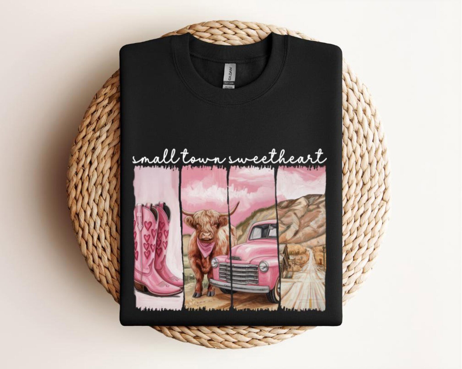 Small Town Sweetheart Shirt, Country Girl Valentine Tee, HighlandCow Sweatshirt, Western Lover Gift, Rustic Cowgirl Top, Cowboy Boots Design 1