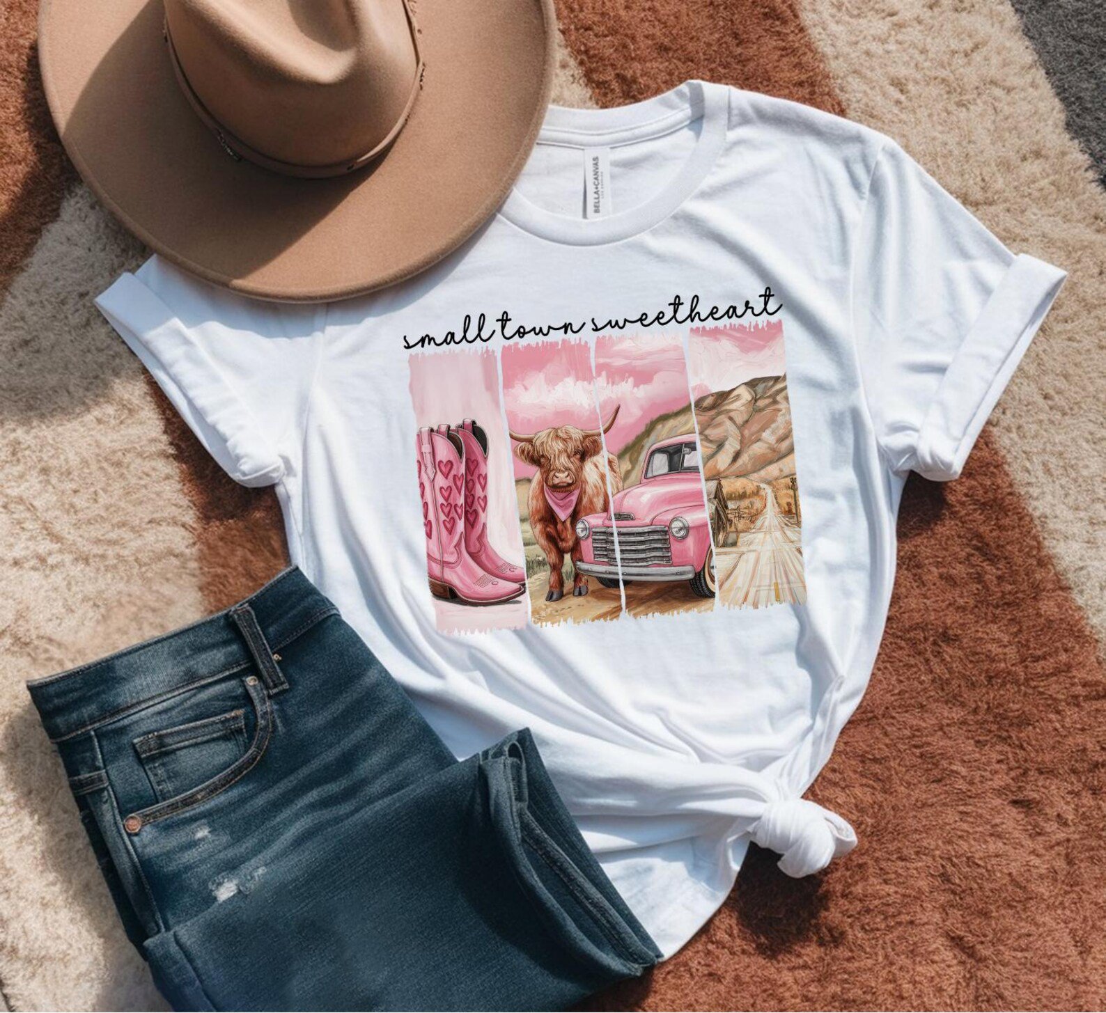 Small Town Sweetheart Shirt, Country Girl Valentine Tee, HighlandCow Sweatshirt, Western Lover Gift, Rustic Cowgirl Top, Cowboy Boots Design 2