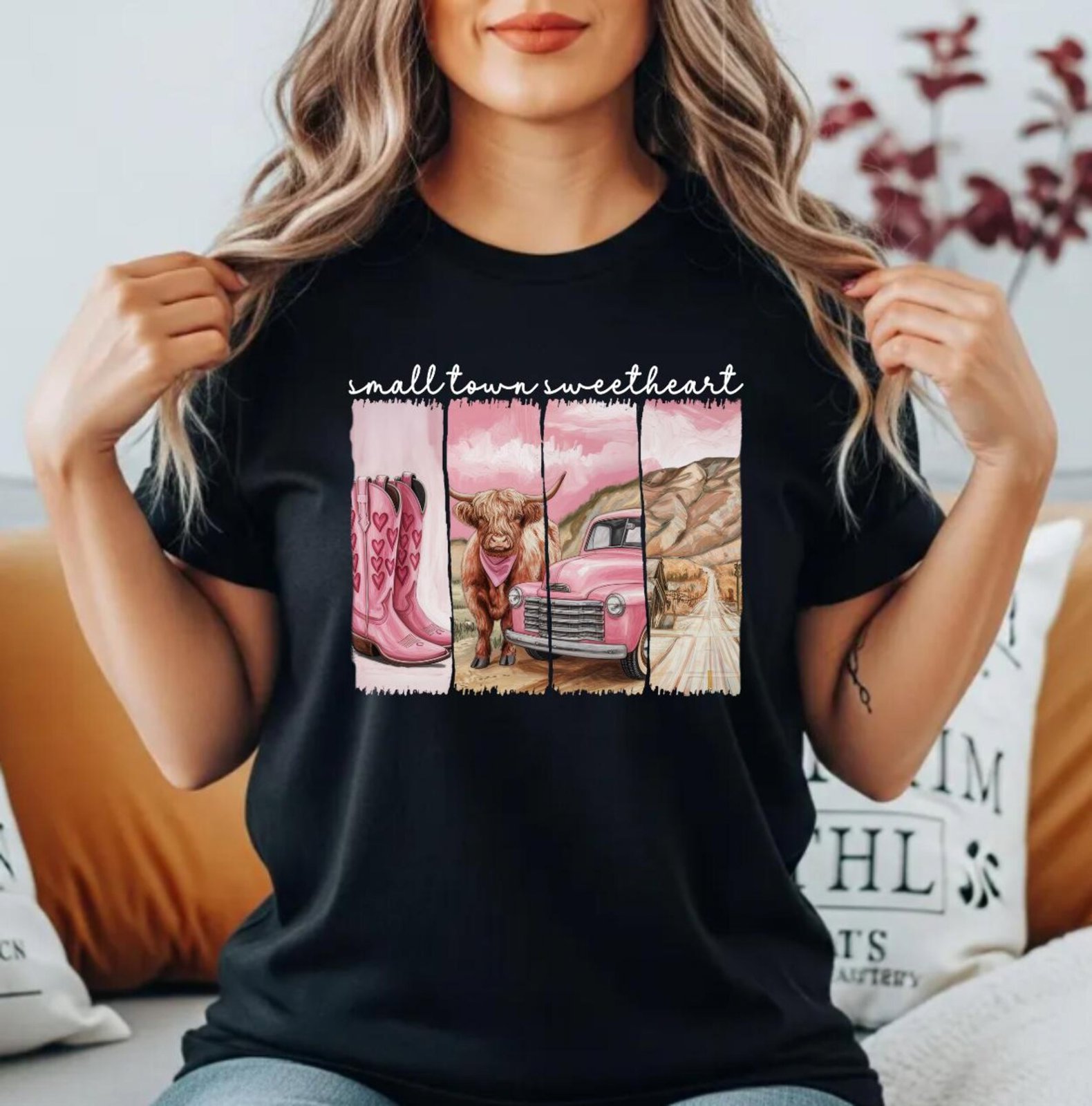 Small Town Sweetheart Shirt, Country Girl Valentine Tee, HighlandCow Sweatshirt, Western Lover Gift, Rustic Cowgirl Top, Cowboy Boots Design 5