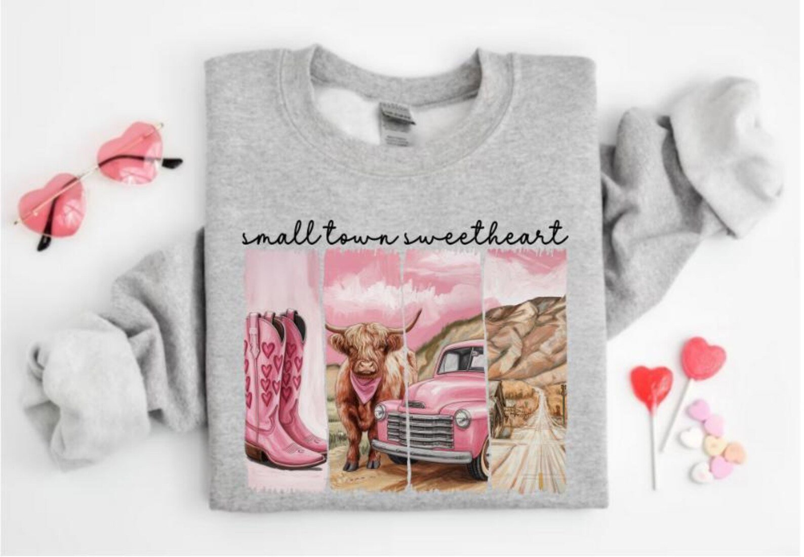 Small Town Sweetheart Shirt, Country Girl Valentine Tee, HighlandCow Sweatshirt, Western Lover Gift, Rustic Cowgirl Top, Cowboy Boots Design 6