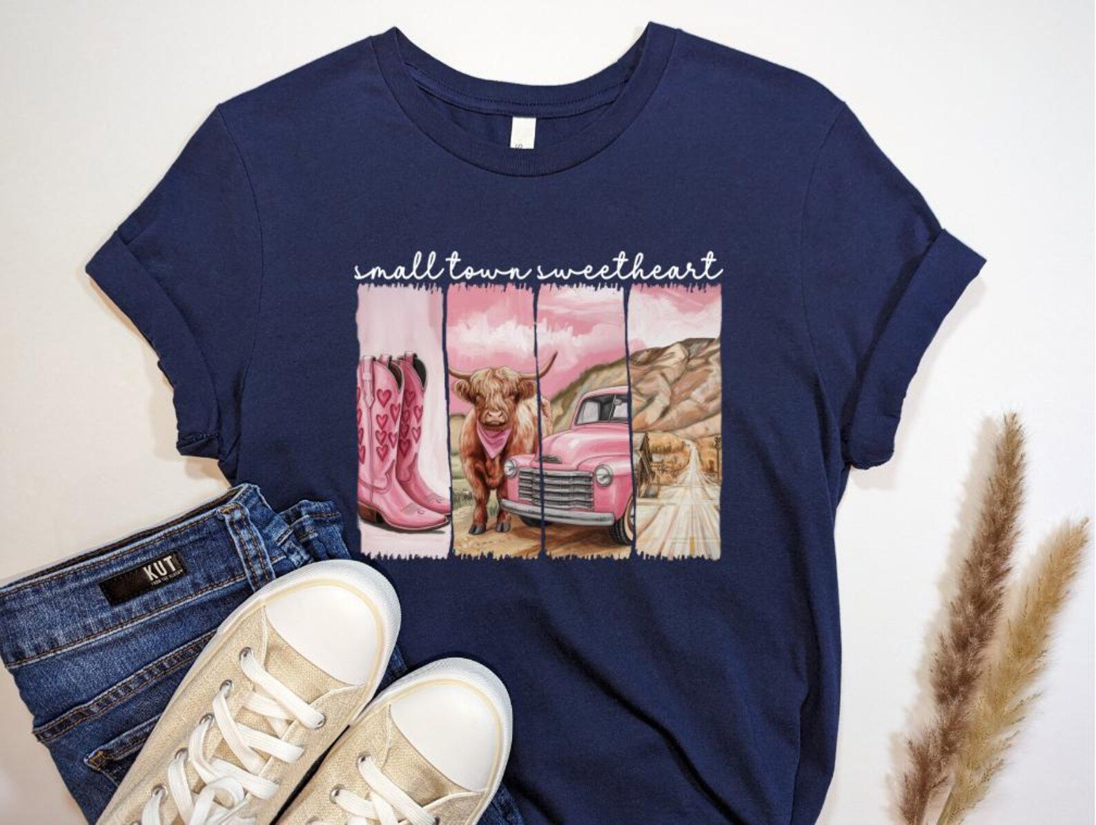 Small Town Sweetheart Shirt, Country Girl Valentine Tee, HighlandCow Sweatshirt, Western Lover Gift, Rustic Cowgirl Top, Cowboy Boots Design 7