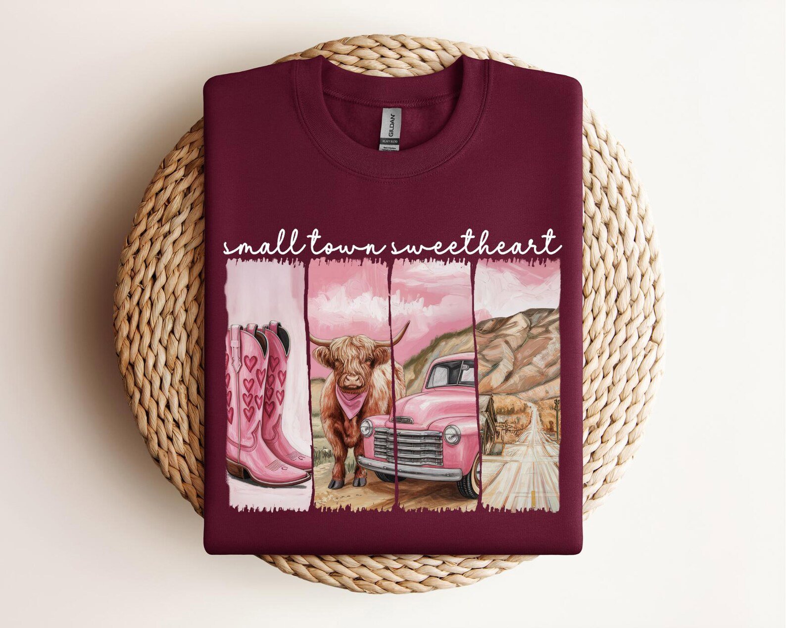 Small Town Sweetheart Shirt, Country Girl Valentine Tee, HighlandCow Sweatshirt, Western Lover Gift, Rustic Cowgirl Top, Cowboy Boots Design 8