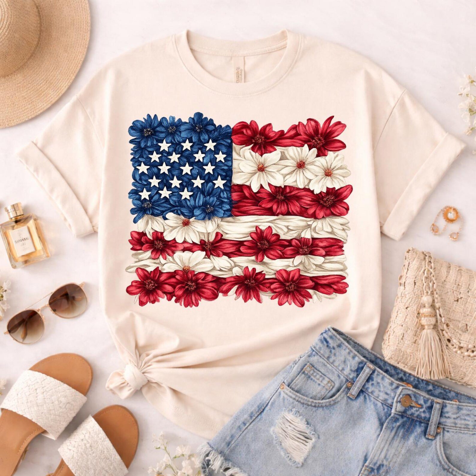 Floral American Flag Shirt, 4th of July Shirt, Patriotic USA Shirt, Red White Blue Flower Flag Tee, Summer Tee 2