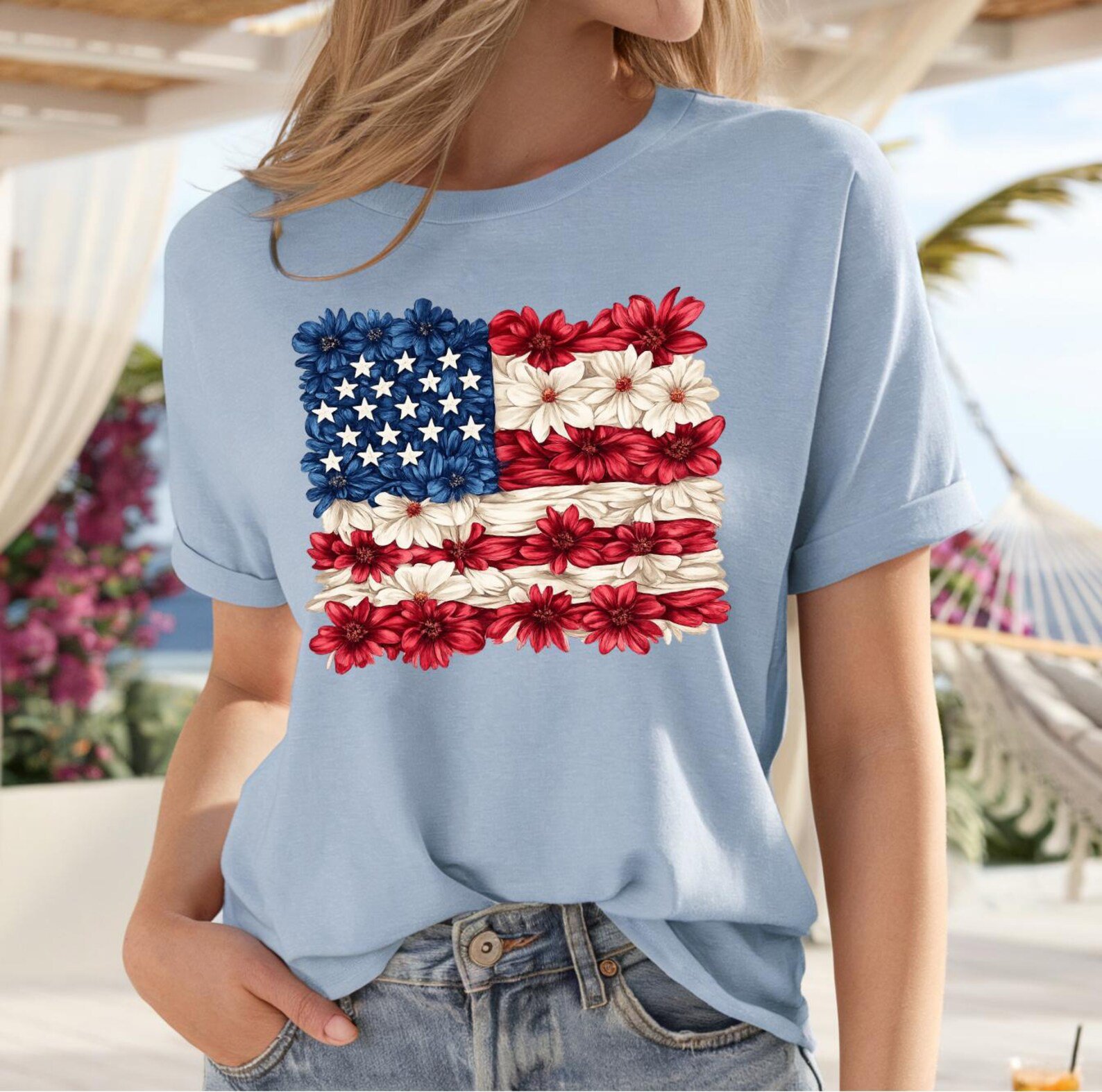 Floral American Flag Shirt, 4th of July Shirt, Patriotic USA Shirt, Red White Blue Flower Flag Tee, Summer Tee 5