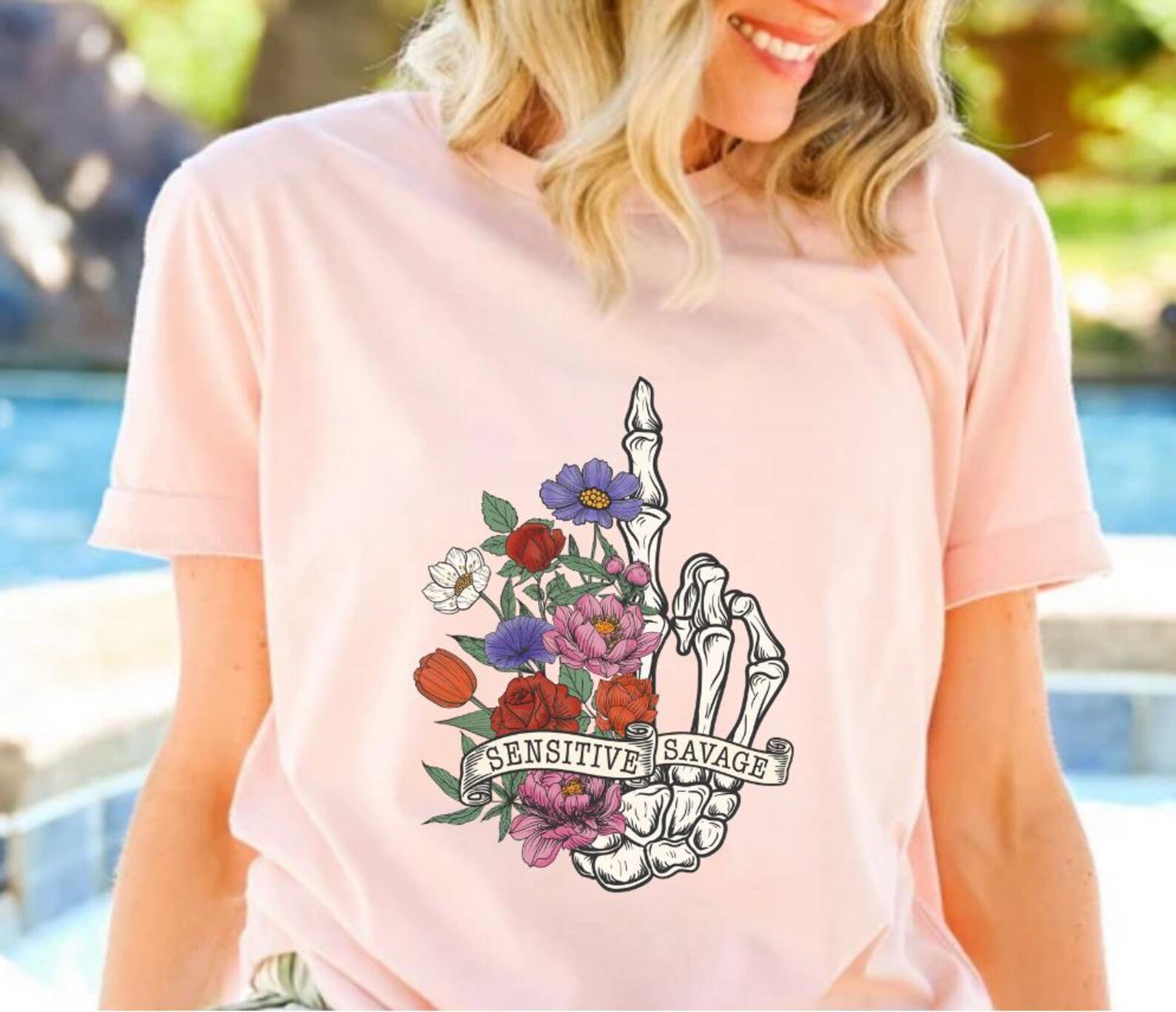 Floral Skeleton Hand Shirt: Sensitive Savage Graphic Tee 1