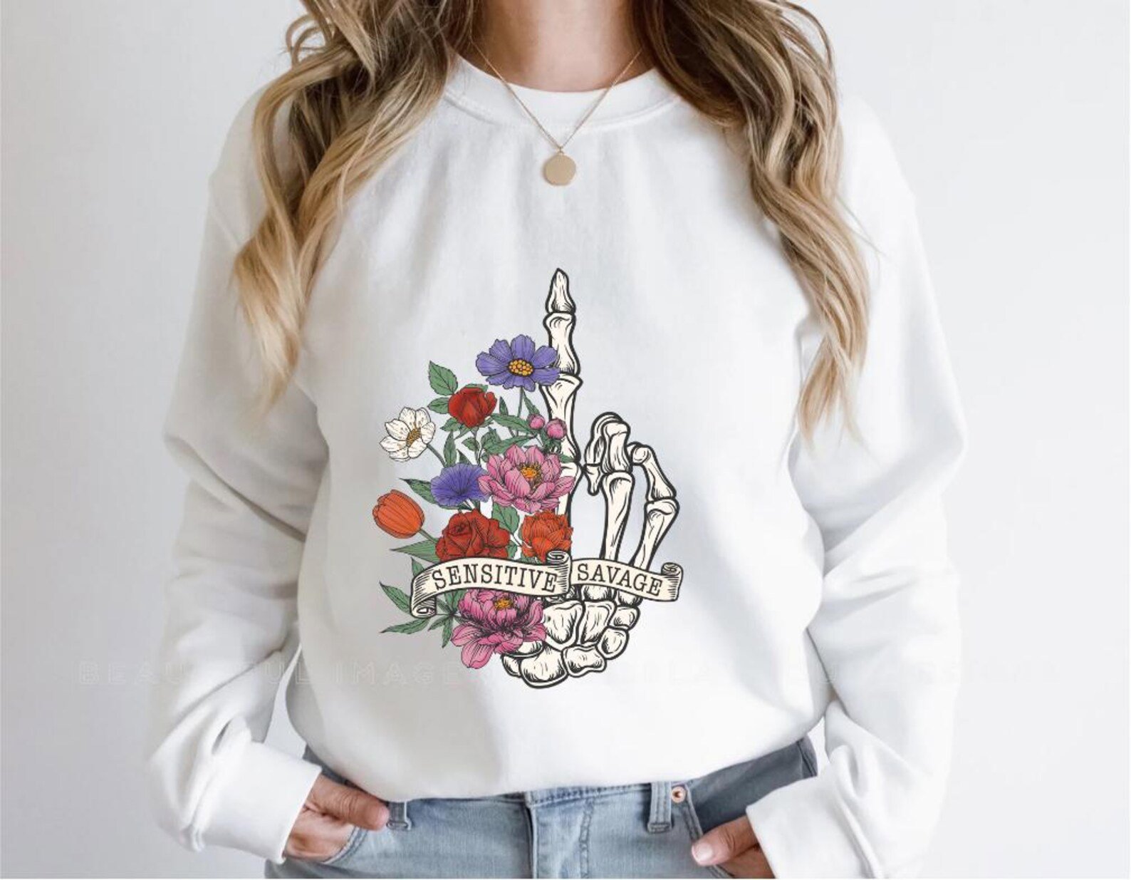 Floral Skeleton Hand Shirt: Sensitive Savage Graphic Tee 3
