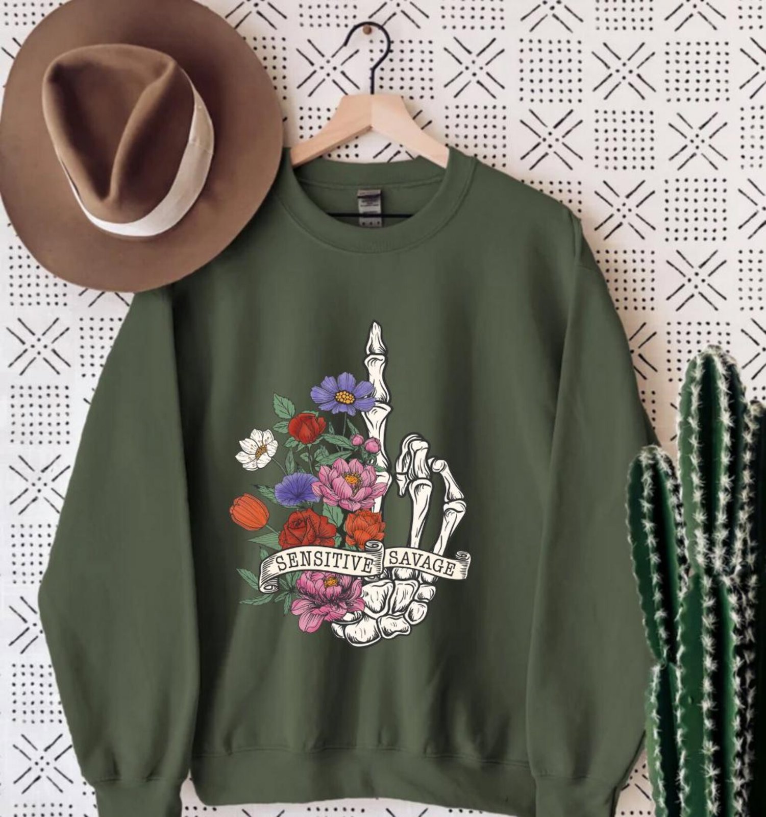 Floral Skeleton Hand Shirt: Sensitive Savage Graphic Tee 2