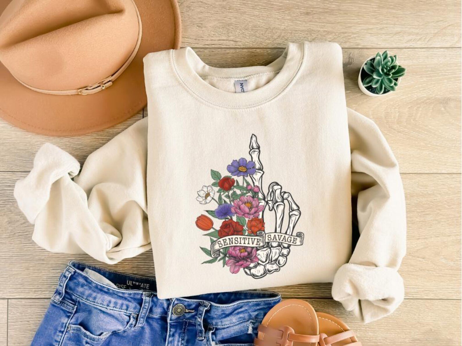 Floral Skeleton Hand Shirt: Sensitive Savage Graphic Tee 4