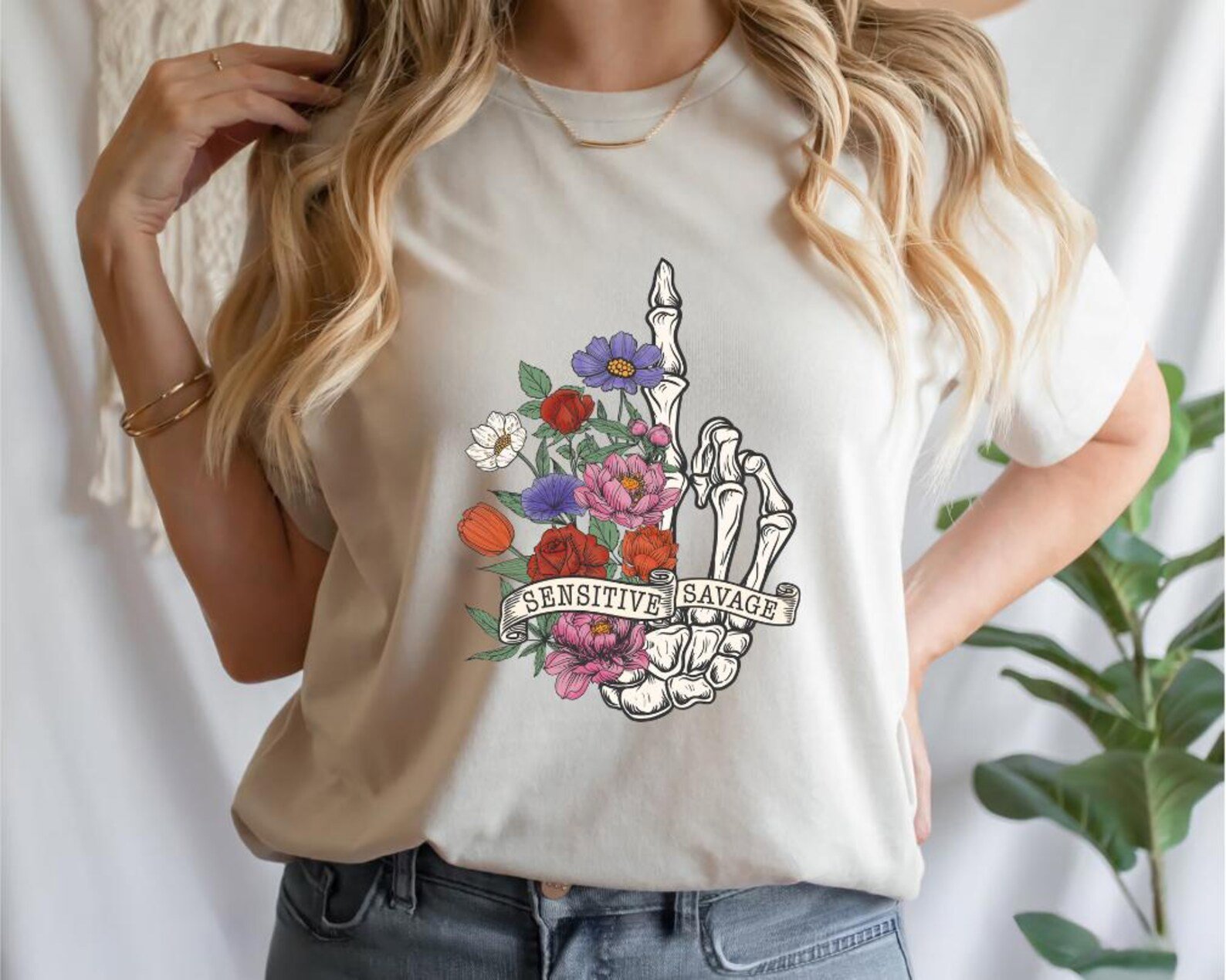 Floral Skeleton Hand Shirt: Sensitive Savage Graphic Tee 5
