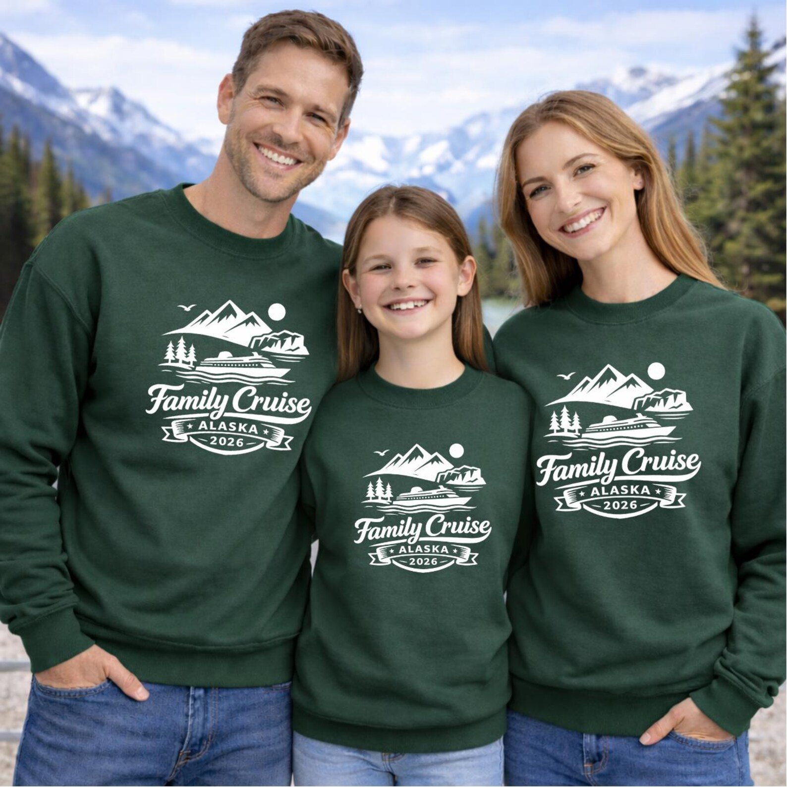 A family in matching Matching Crew sweatshirts