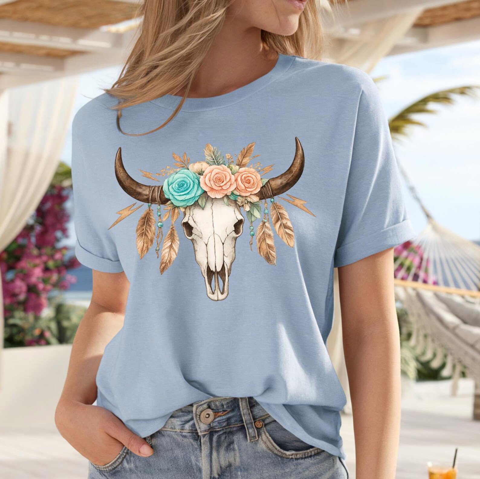 Longhorn Skull Shirt, Western Boho Design Tee, Floral Longhorn TShirt, Country Concert Matching Outfit, Cowgirl Western Rodeo Top 2