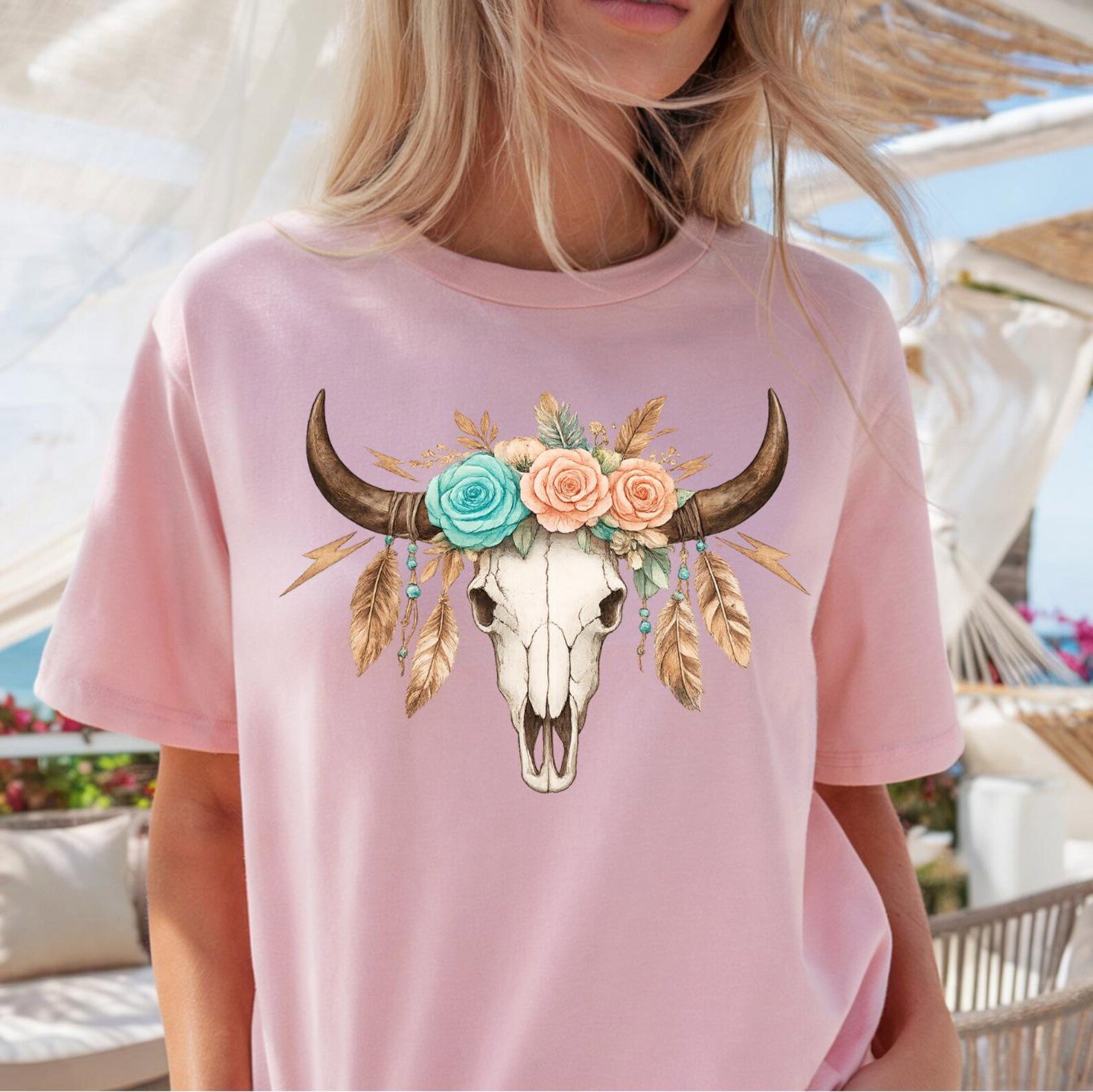 Longhorn Skull Shirt, Western Boho Design Tee, Floral Longhorn TShirt, Country Concert Matching Outfit, Cowgirl Western Rodeo Top 4