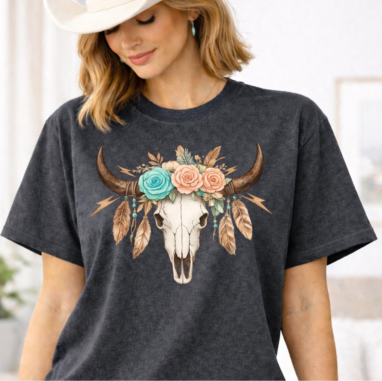 Longhorn Skull Shirt, Western Boho Design Tee, Floral Longhorn TShirt, Country Concert Matching Outfit, Cowgirl Western Rodeo Top 6