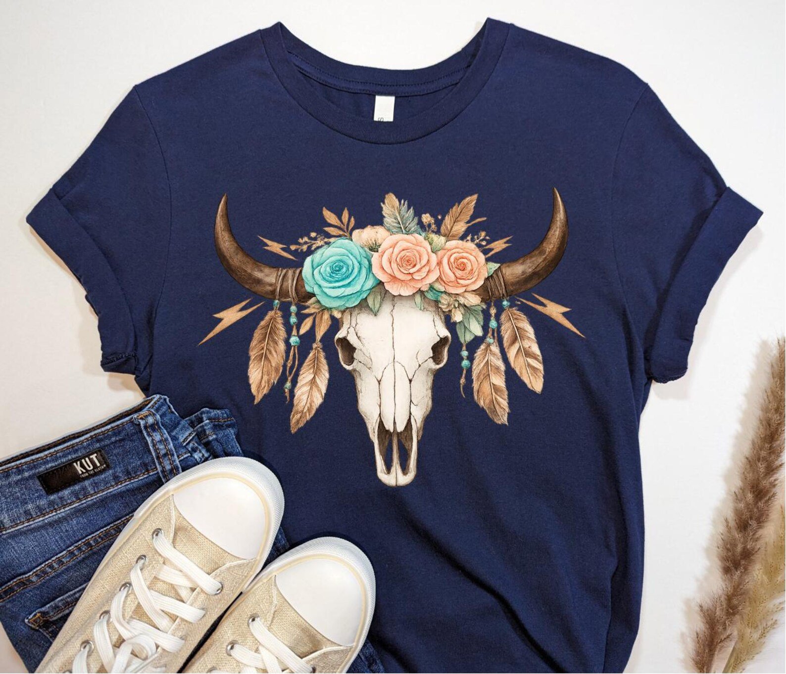 Longhorn Skull Shirt, Western Boho Design Tee, Floral Longhorn TShirt, Country Concert Matching Outfit, Cowgirl Western Rodeo Top 9
