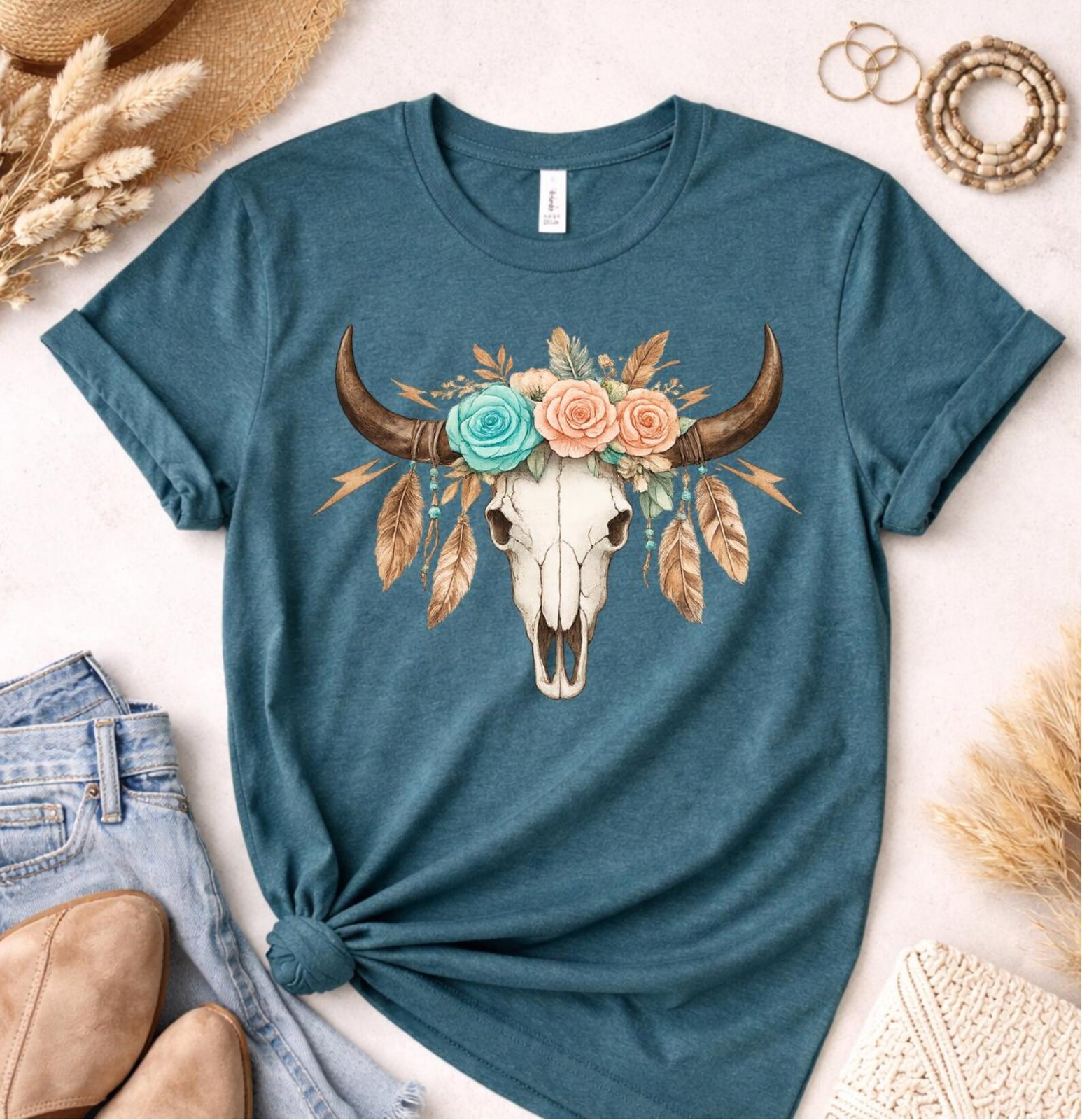 Longhorn Skull Shirt, Western Boho Design Tee, Floral Longhorn TShirt, Country Concert Matching Outfit, Cowgirl Western Rodeo Top 8