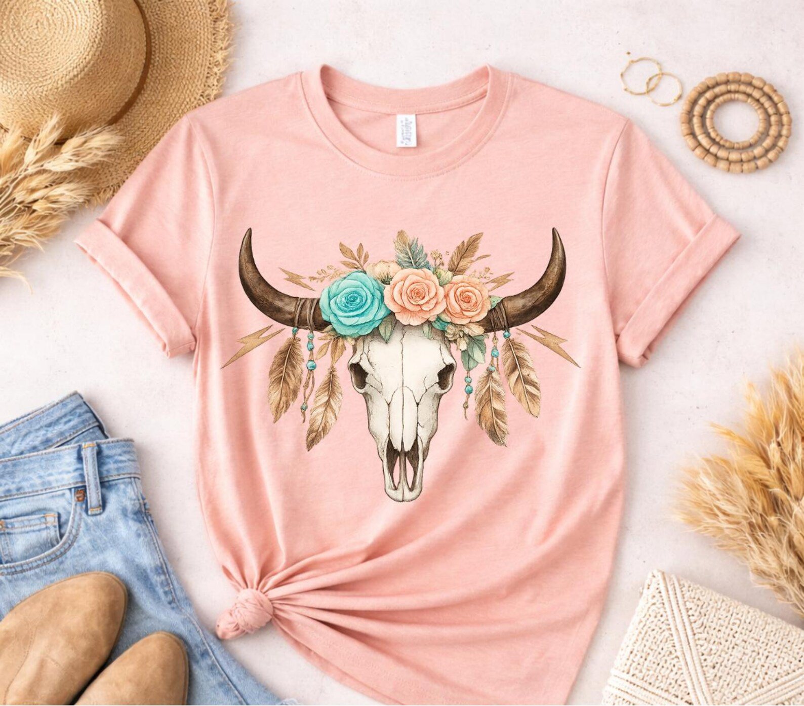 Longhorn Skull Shirt, Western Boho Design Tee, Floral Longhorn TShirt, Country Concert Matching Outfit, Cowgirl Western Rodeo Top 10