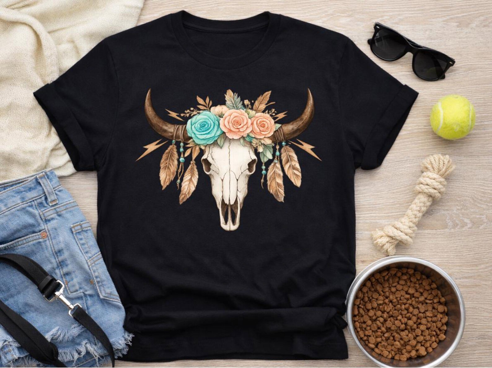 Longhorn Skull Shirt, Western Boho Design Tee, Floral Longhorn TShirt, Country Concert Matching Outfit, Cowgirl Western Rodeo Top 12