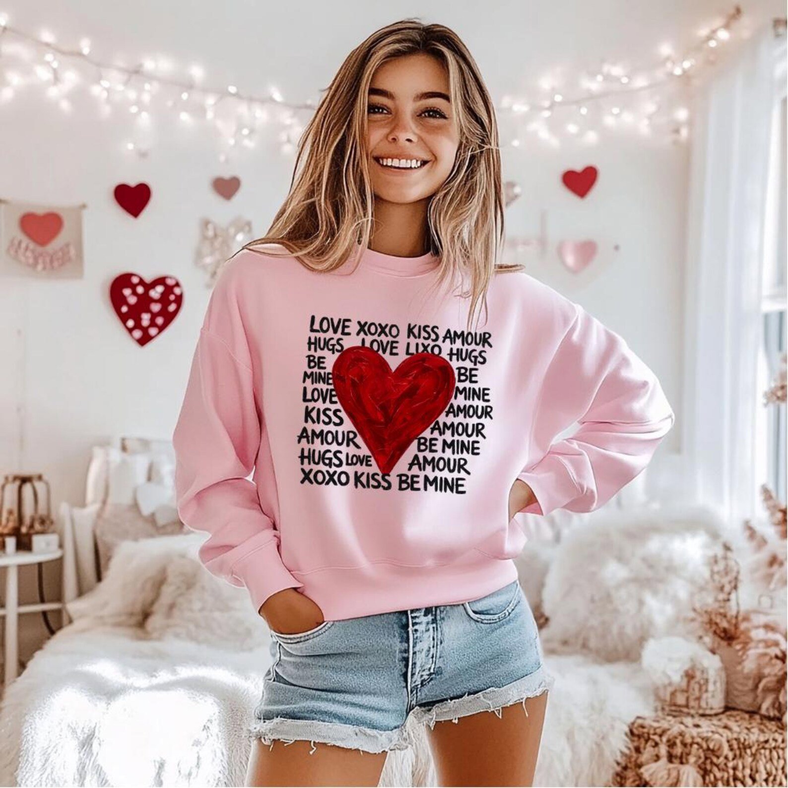 Valentine Sweatshirt, Red Heart Love Crewneck, Be Mine Hugs Kisses Sweatshirt, Cute Valentines Day Outfit, Romantic Gift for Her 2