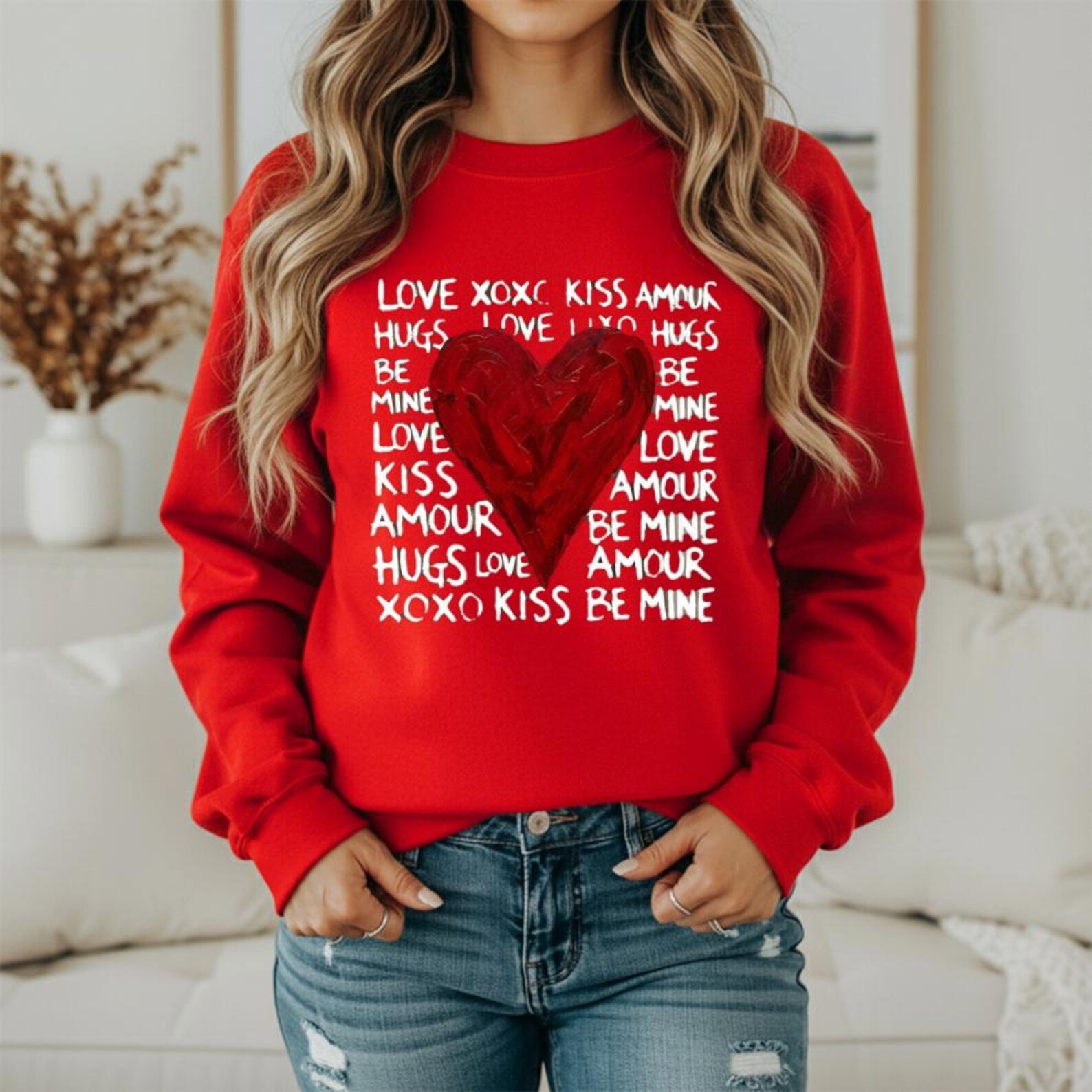 Valentine Sweatshirt, Red Heart Love Crewneck, Be Mine Hugs Kisses Sweatshirt, Cute Valentines Day Outfit, Romantic Gift for Her 9