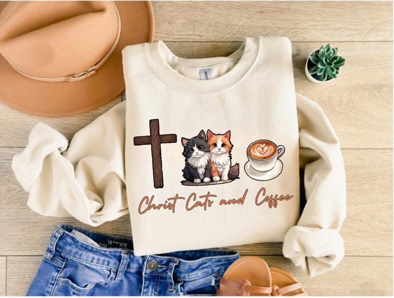 Christ Cats and Coffee Shirt, Pet Lover Tee, Cute Religious T-Shirt for Women, Cozy Gift for Faithful Cat Mom on Valentines Day or Birthday