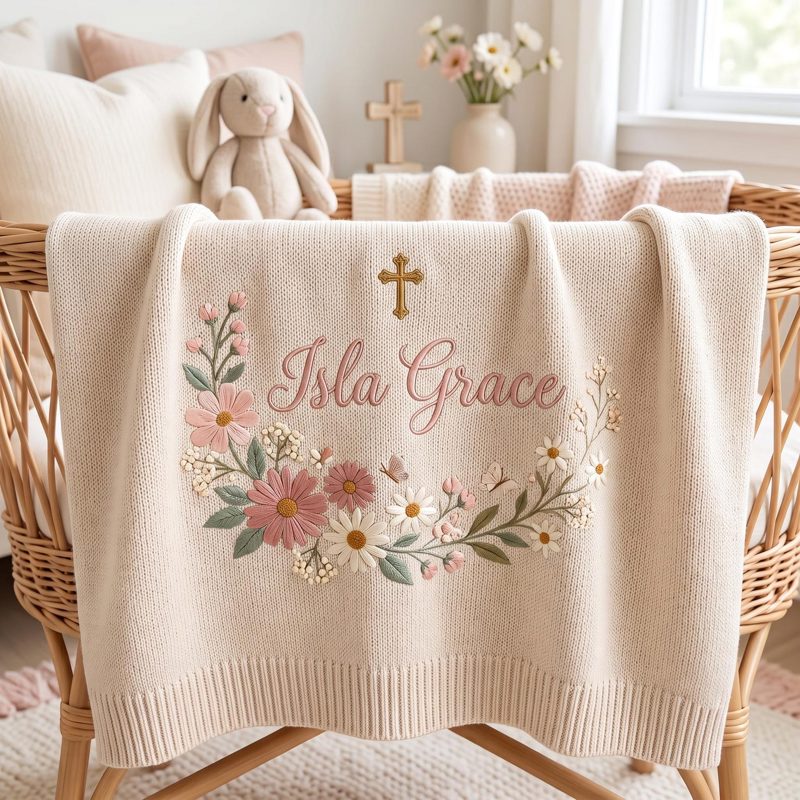 Personalized Baby Blanket, Embroidered Floral Name Knit Blanket, Christian Cross Baby Girl Keepsake, Baptism Christening Gift