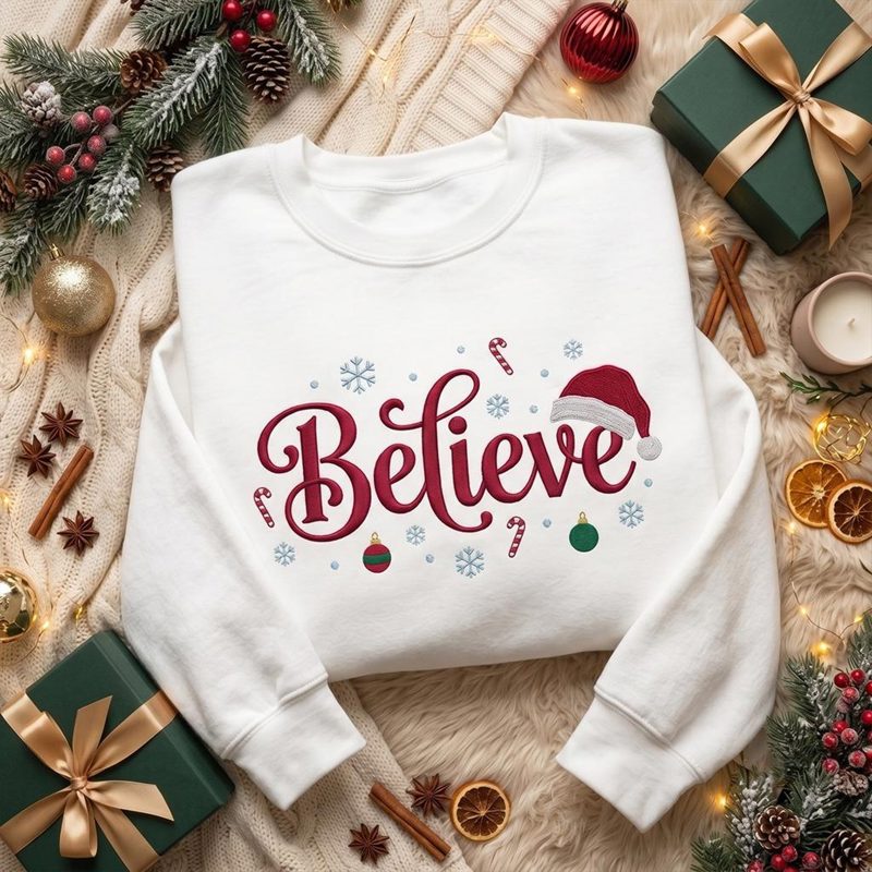 Believe Christmas Embroidered Sweatshirt, Santa Hat Holiday Crewneck, Festive Snowflake Candy Cane Shirt, Cozy Christmas Gift