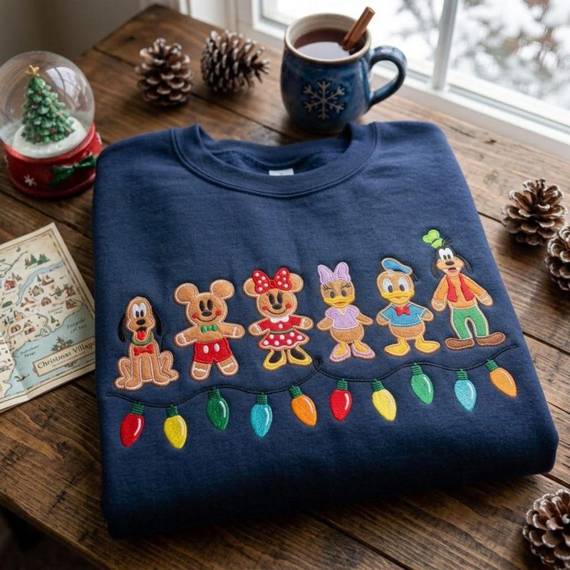Gingerbread Friends Christmas Embroidered Sweatshirt, Holiday Character Crewneck, Festive Christmas Lights Shirt, Winter Park Gift