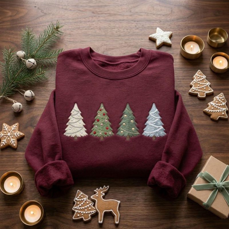 Christmas Embroidered Sweatshirt, Four Christmas Tree Crewneck, Minimal Holiday Shirt, Cozy Winter Sweatshirt, Festive Xmas Gift