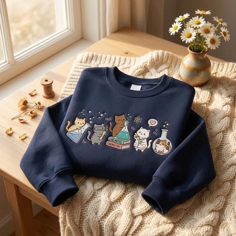 Chemistry Cats Embroidered Sweatshirt, Funny Science Teacher Shirt, Funny Laboratory Cat Shirt, Cat Lover Tee, STEM Student Gift Shirt