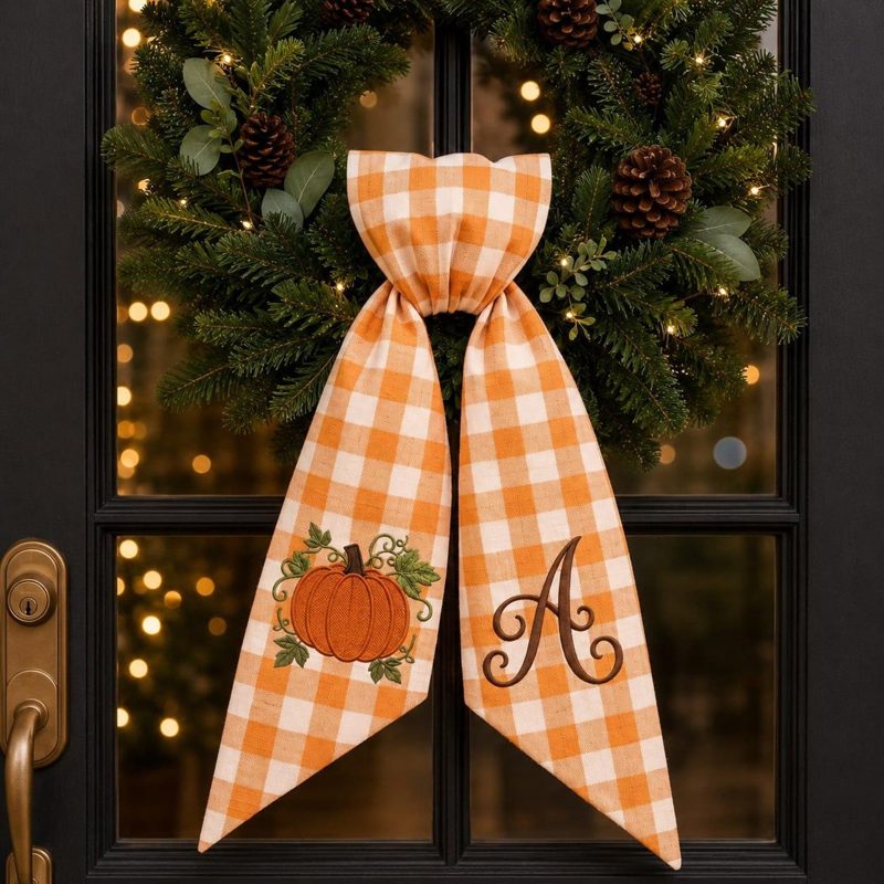 Custom Embroidered Thanksgiving Wreath Sash, Custom Pumpkin Door Sash, Seersucker Fall Wreath Bow, Autumn Door Decor, Hostess Gift Idea